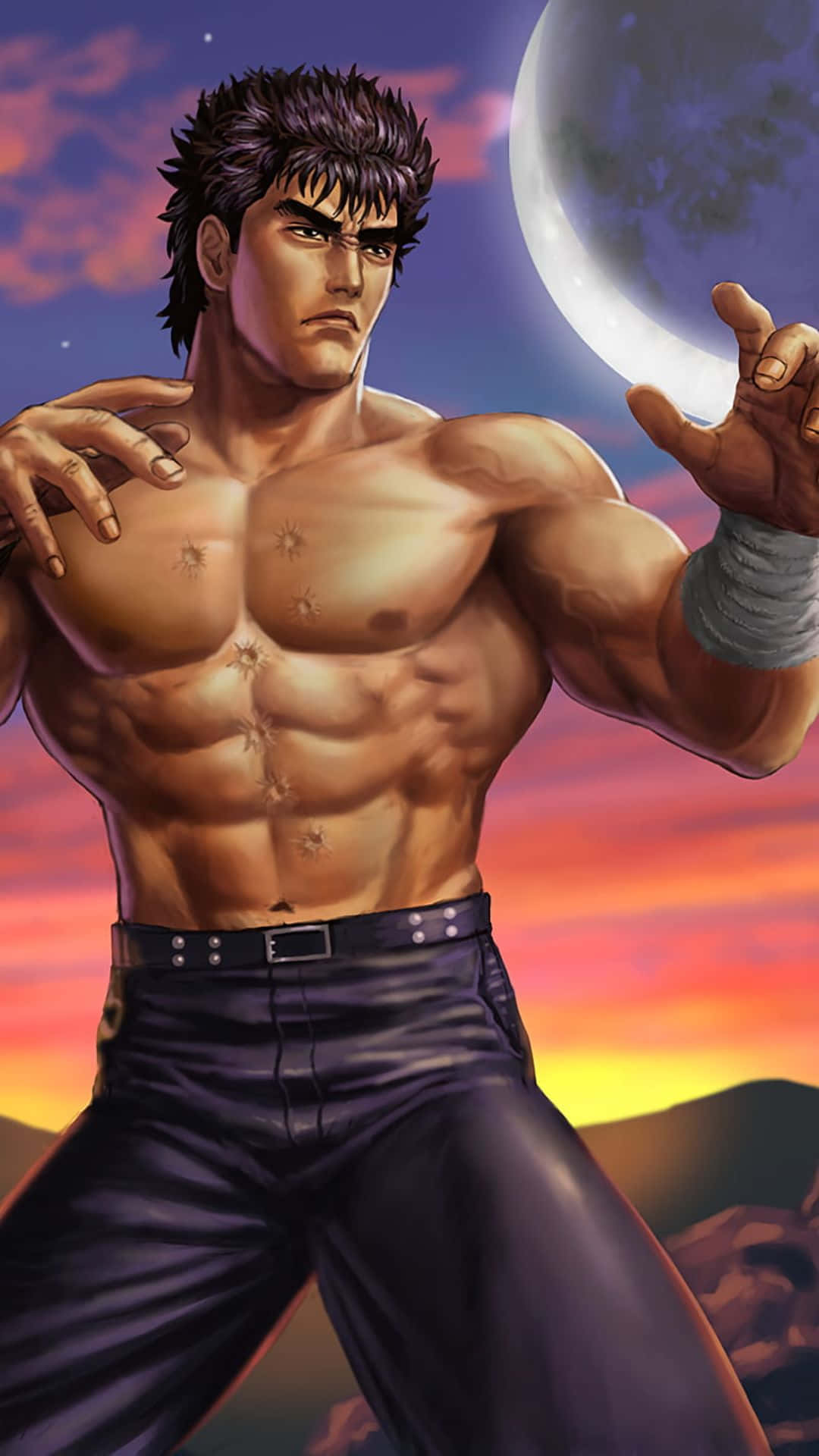 Tekken Characters 桌布 壁紙 — 一個肌肉發達、頭髮豎起的動漫戰士，在夕陽餘暉和彎月的背景下擺出戰鬥姿勢。