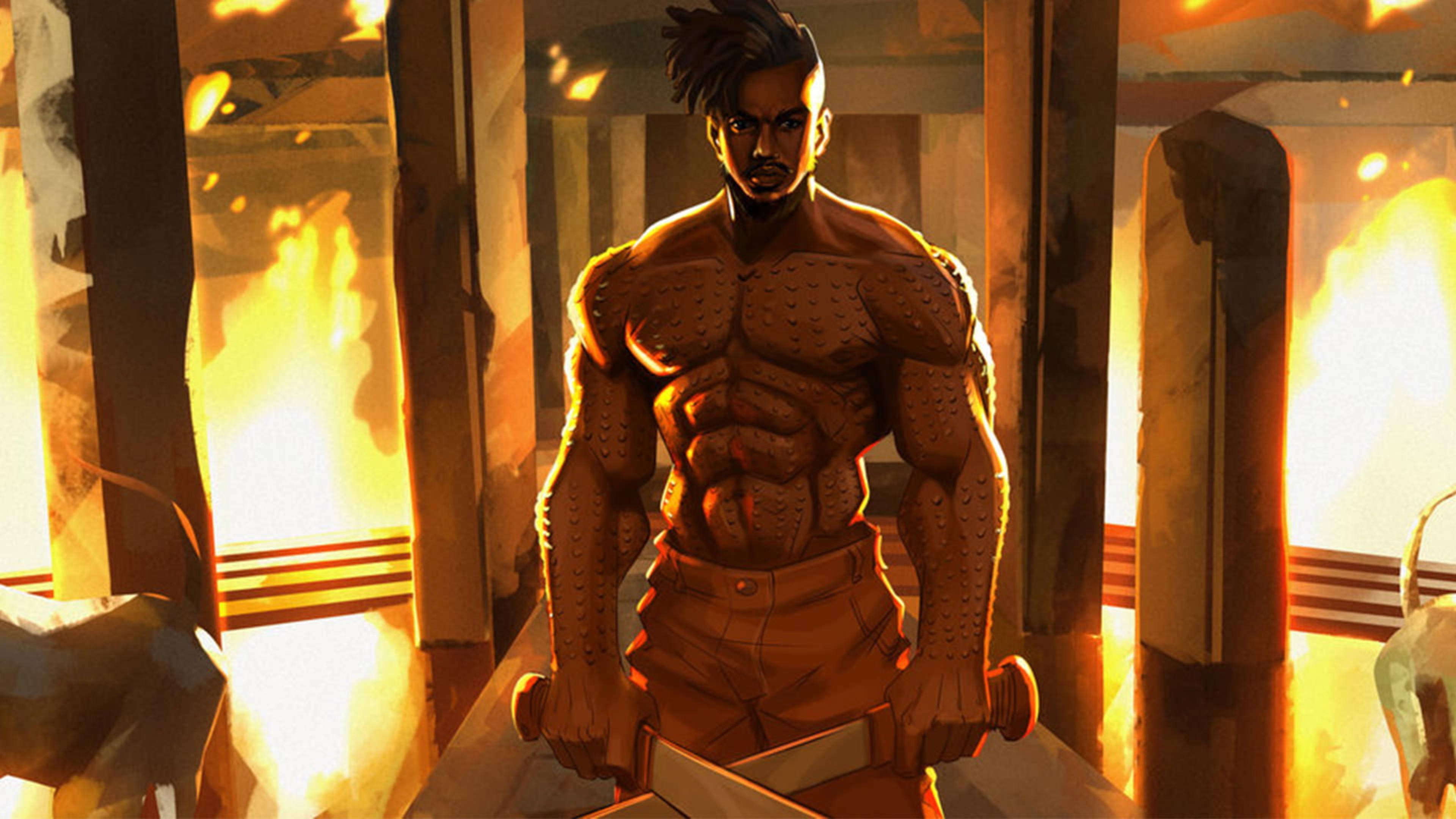 Killmonger 桌布 壁紙 — 一個肌肉發達、頭髮豎起的男人，在燃燒倒塌的建築物中挑釁地站著，手持武器。