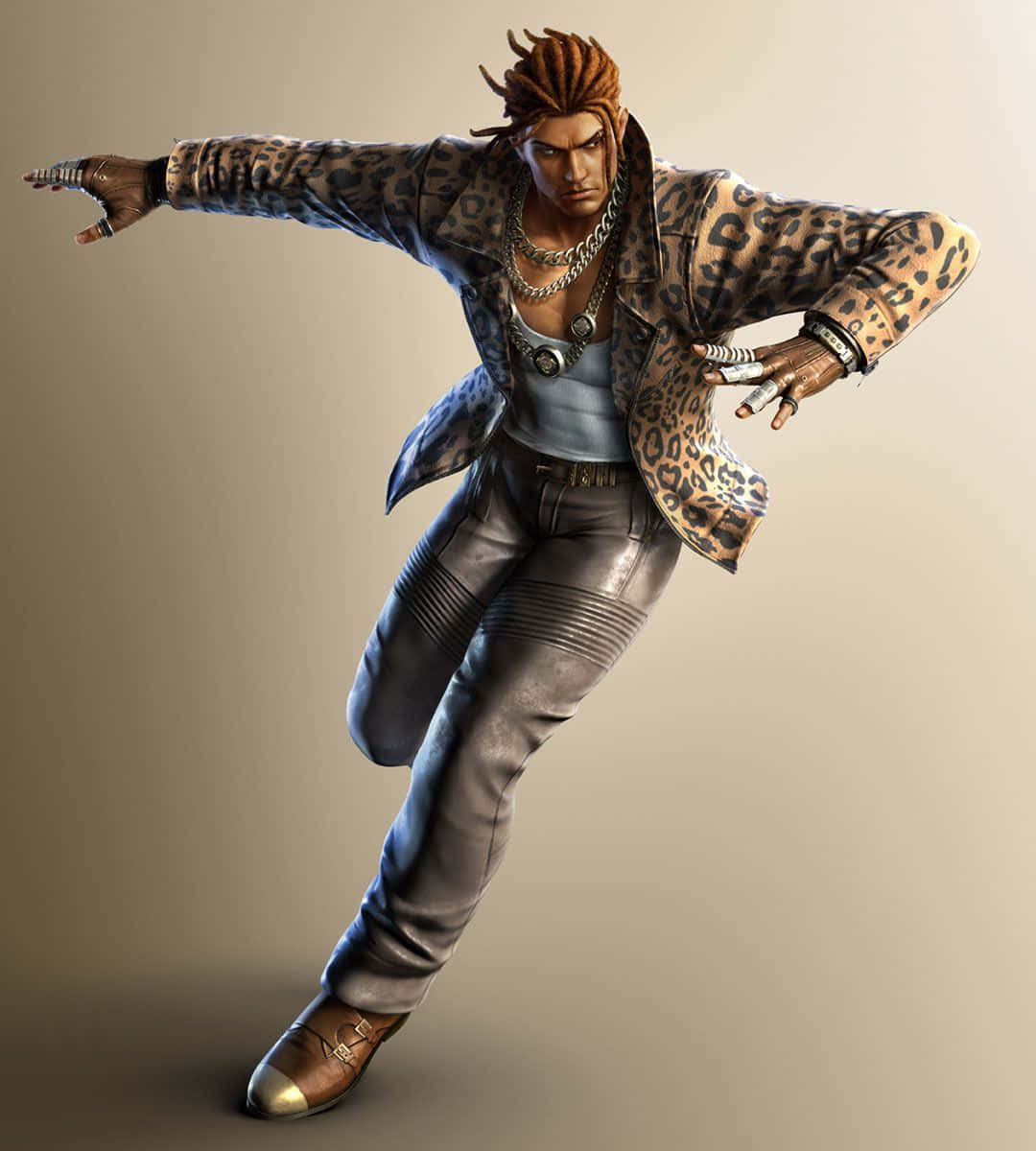 Tekken Characters 桌布 壁紙 — 一個肌肉發達、頭髮豎起的男人，穿著豹紋外套和皮褲，在純米色背景前擺出動態姿勢。