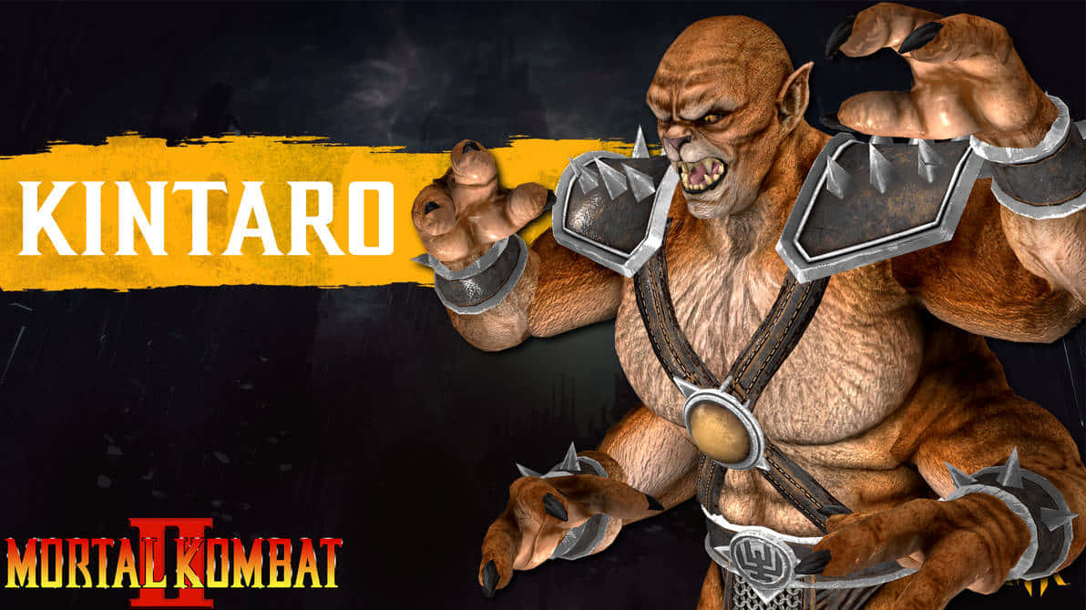Mortal Kombat Kintaro 桌布 壁紙 — 一個肌肉發達、類似猿人的戰士，身穿尖刺盔甲，在深色背景上以粗體黃色文字襯托下，兇猛地咆哮。
