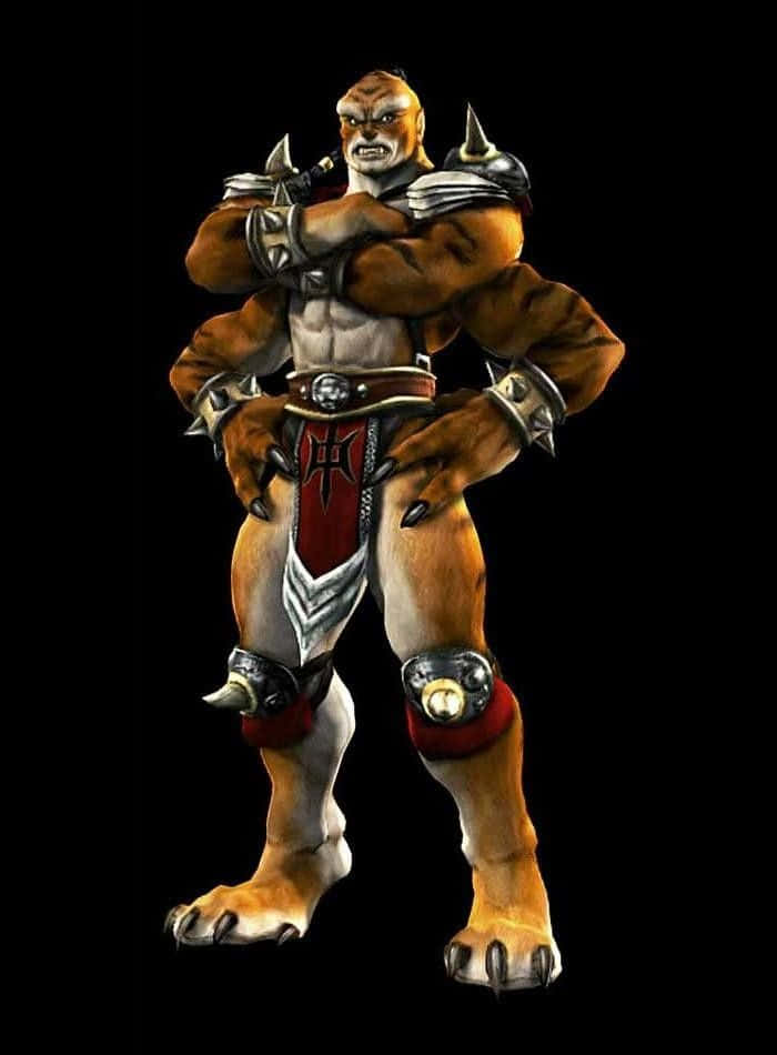 Mortal Kombat Kintaro 桌布 壁紙 — 一個肌肉發達、類似猿人的戰士，身穿尖刺盔甲並帶有爪子，在黑色背景下挑釁地站立。