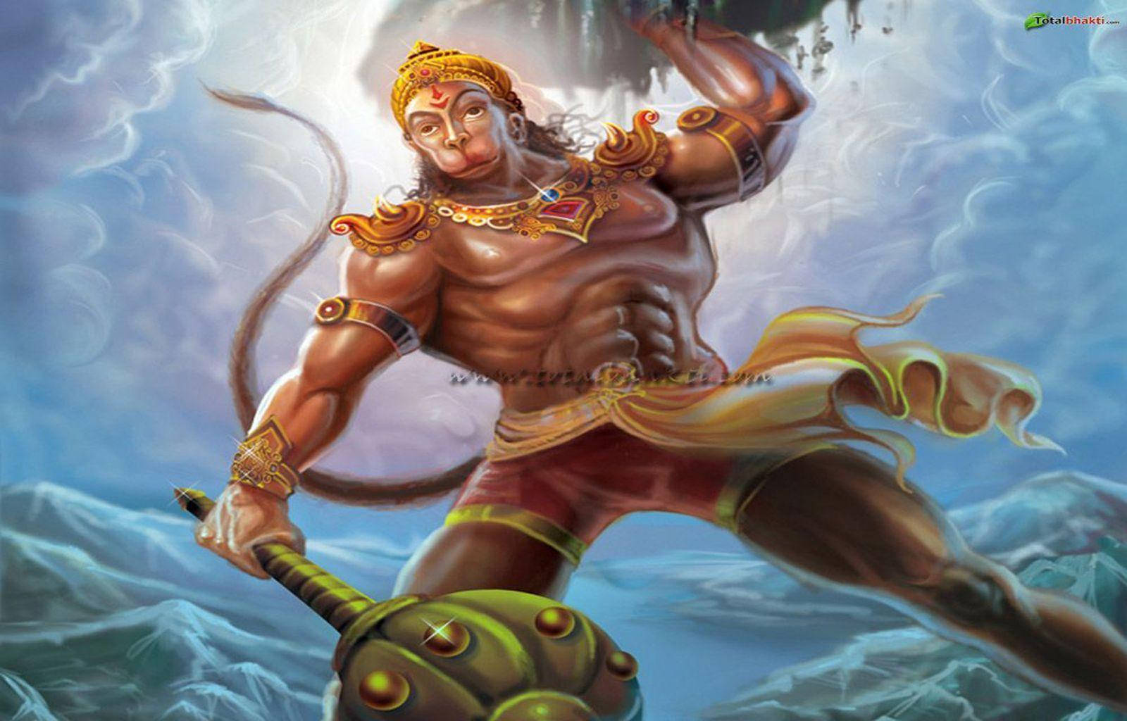 lord hanuman 桌布 壁紙 — 一個肌肉發達、飾有金色裝飾的猴神，在旋轉的藍天和雪峰背景下動態跳躍。
