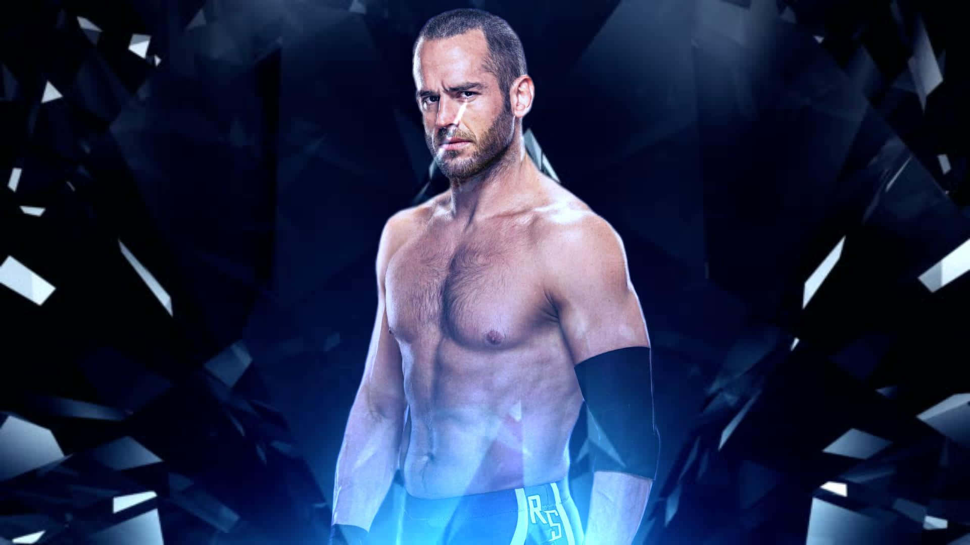 WWE Nxt 桌布 壁紙 — 一個肌肉發達、鬍鬚、赤裸上身的男人自信地站在藍色燈光的碎玻璃背景前。