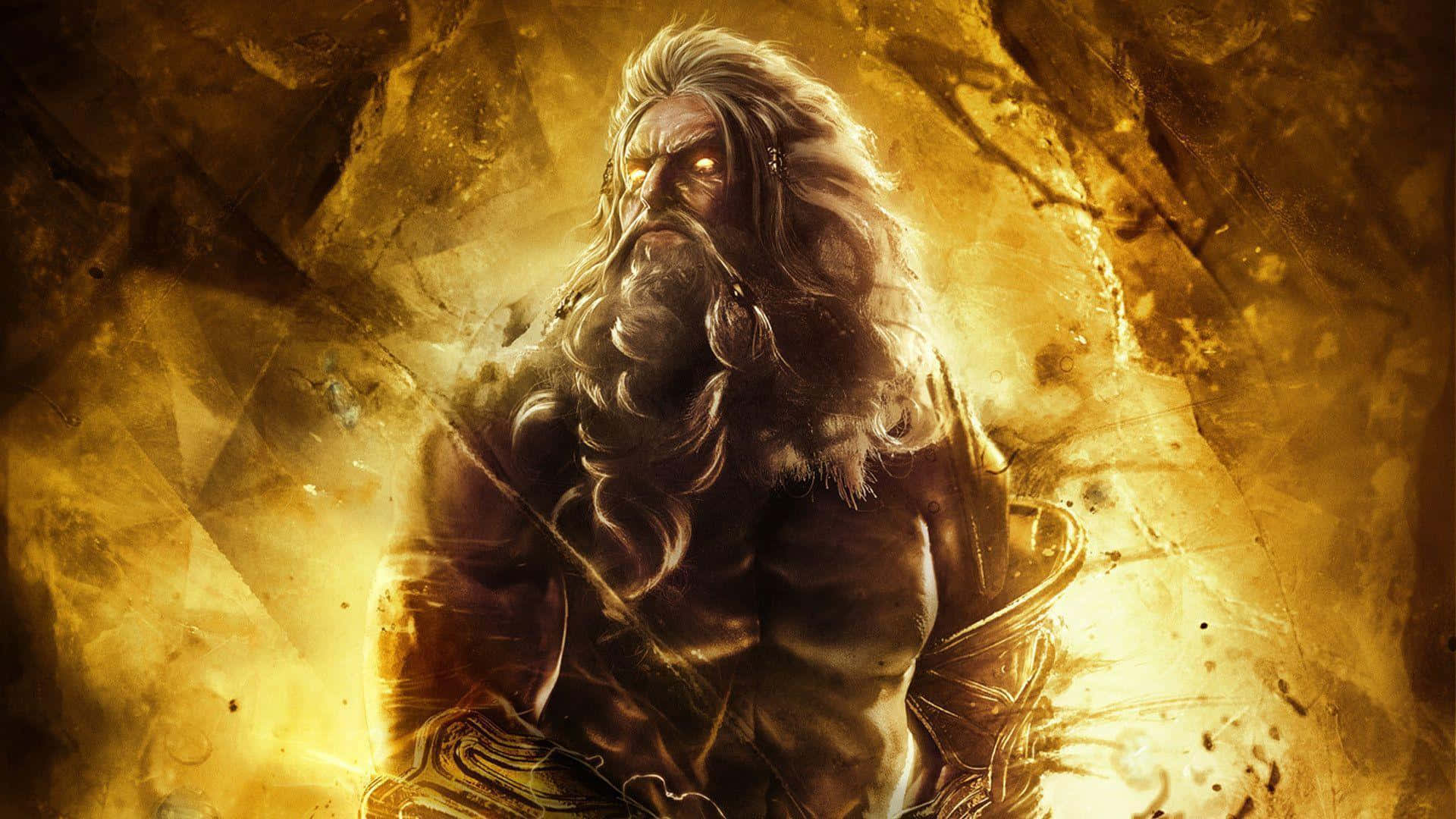zeus 桌布 壁紙 — 一個肌肉發達、鬍鬚濃密的神，雙眼發光，站在金色洞穴般的環境中，散發著神聖的力量。