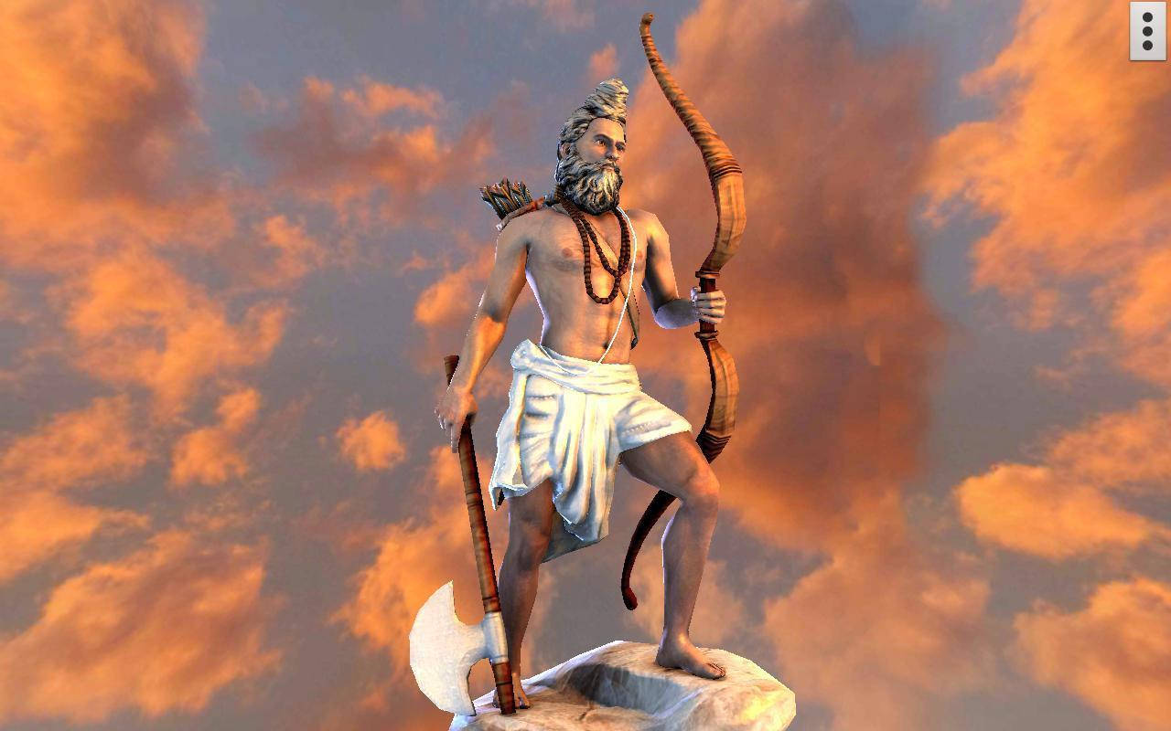 Parshuram 桌布 壁紙 — 一個肌肉發達、鬍鬚濃密的神祇站在石座上，手持弓箭和斧頭，背景是火紅的橙色夕陽天空。