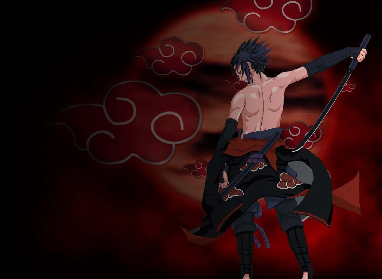 Akatsuki Sasuke 桌布 壁紙 — 一個肌肉發達、黑色刺蝟頭的動漫戰士，在深紅色背景和旋轉雲霧中揮舞著劍。