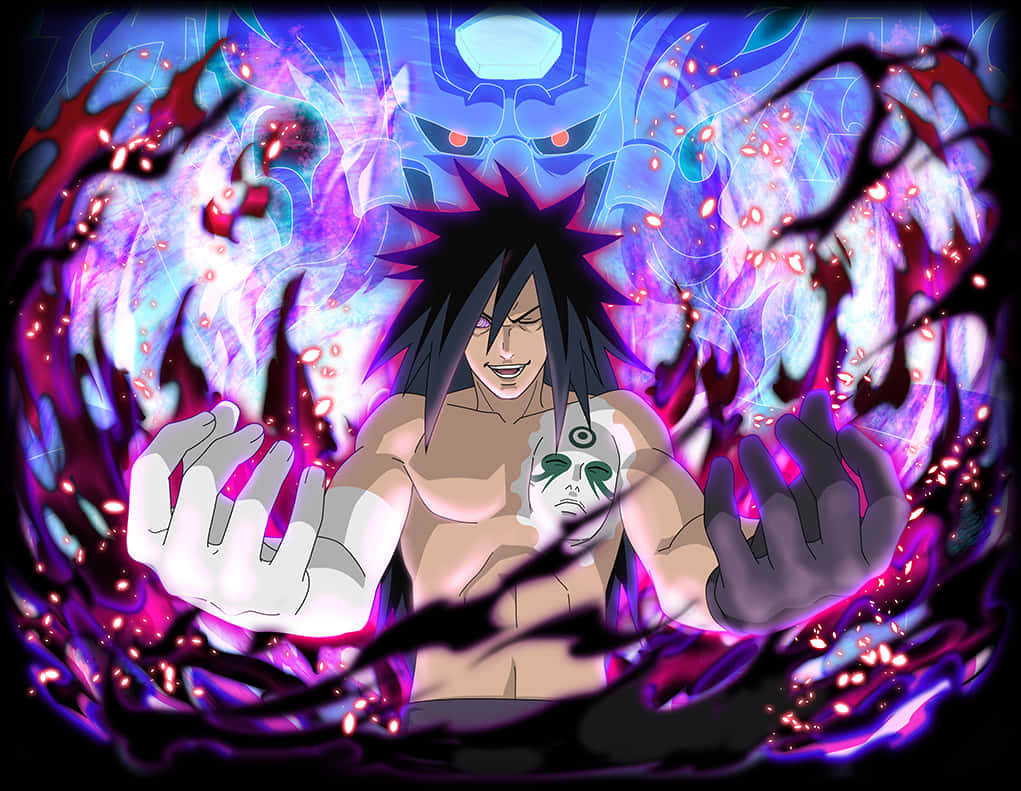Rinnegan 桌布 壁紙 — 一個肌肉發達、黑色刺蝟頭的動漫角色，身後浮現惡魔面孔，並釋放出發光的紫色和紅色查克拉。