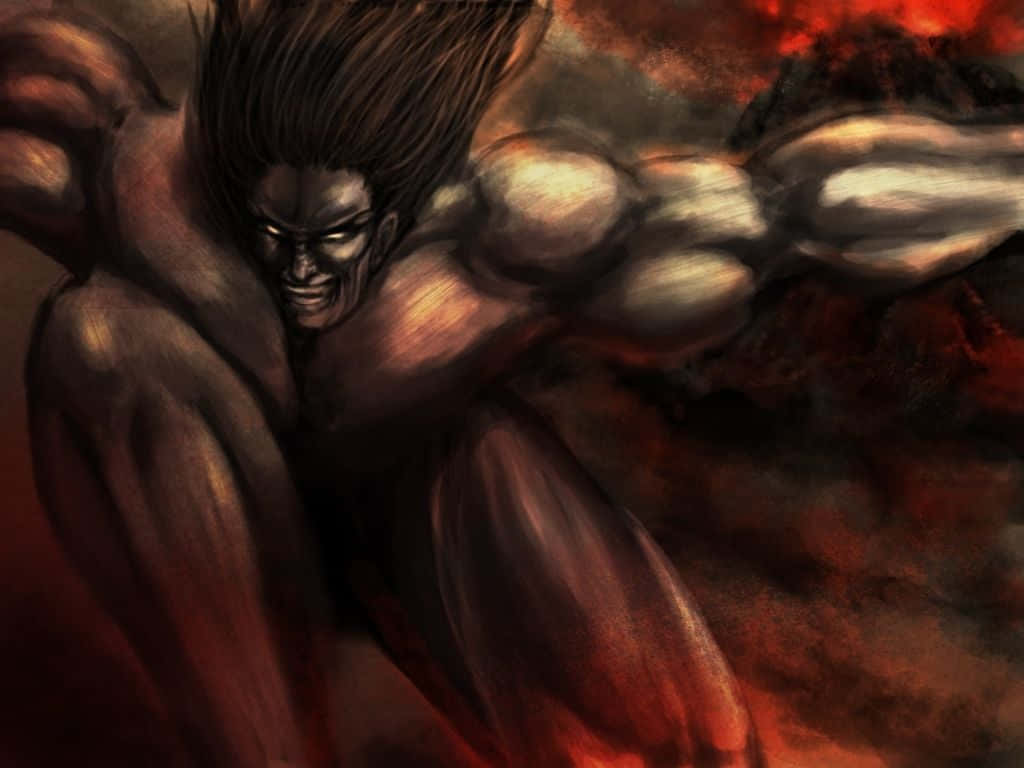 動漫男孩 桌布 壁紙 — 一個肌肉發達、黑髮、眼睛發光的巨人，在旋轉的紅色和黑色煙霧中咆哮。