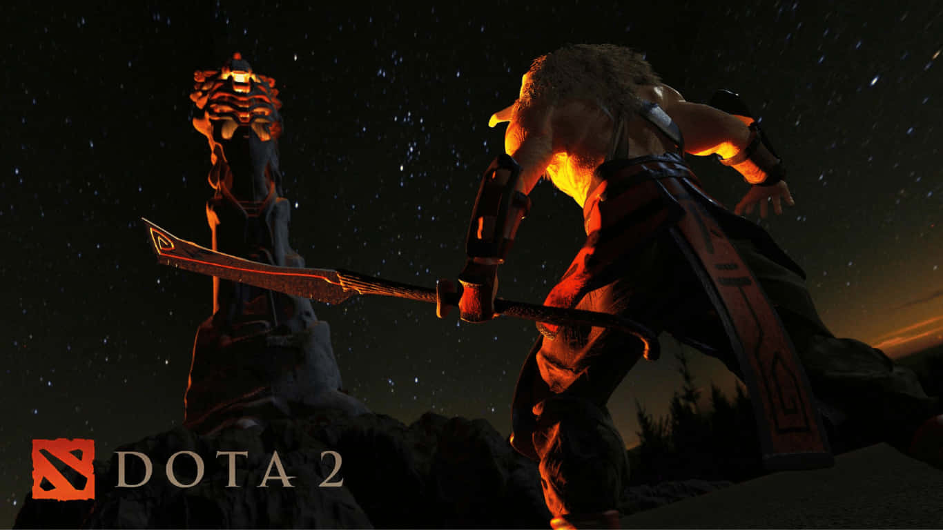 1366x768 Dota 2 桌布 壁紙 — 一個肌肉發達的 Dota 2 英雄，身穿發光的橙色盔甲，手持彎刀，站在繁星點點的夜空下。