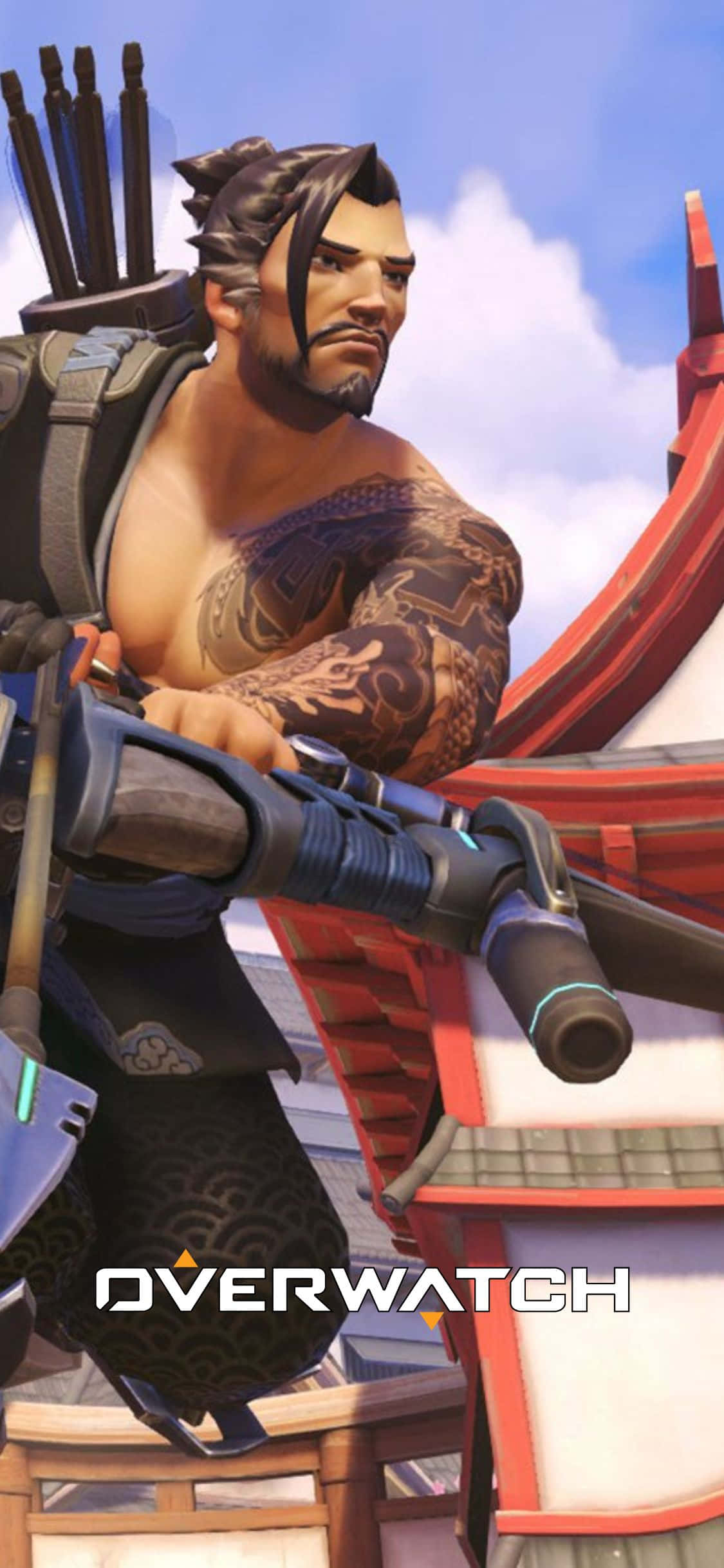 iPhone X Overwatch 桌布 壁紙 — 一個肌肉發達的《鬥陣特攻》角色，身上有刺青並手持弓箭，站在紅白相間的傳統屋頂上，背景是藍天。