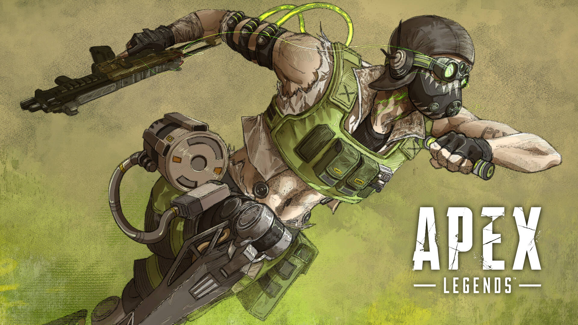 一名身穿綠色服裝的Apex Legends士兵在半空中拔出武器。