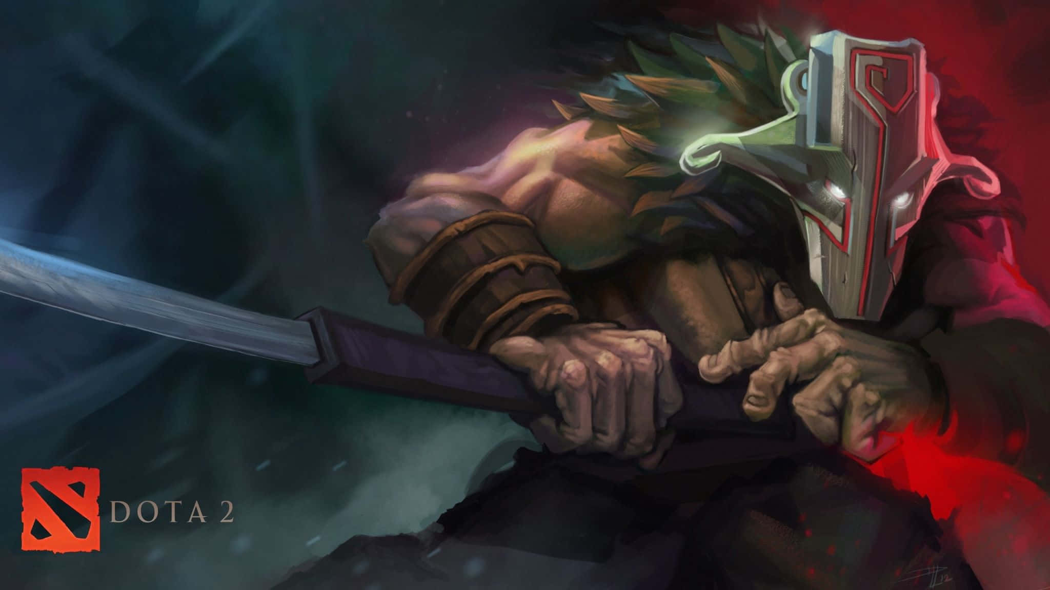 HD Dota 2 桌布 壁紙 — 一個肌肉發達的Dota 2戰士在黑暗煙霧背景中，專注地握緊一把發光的劍。