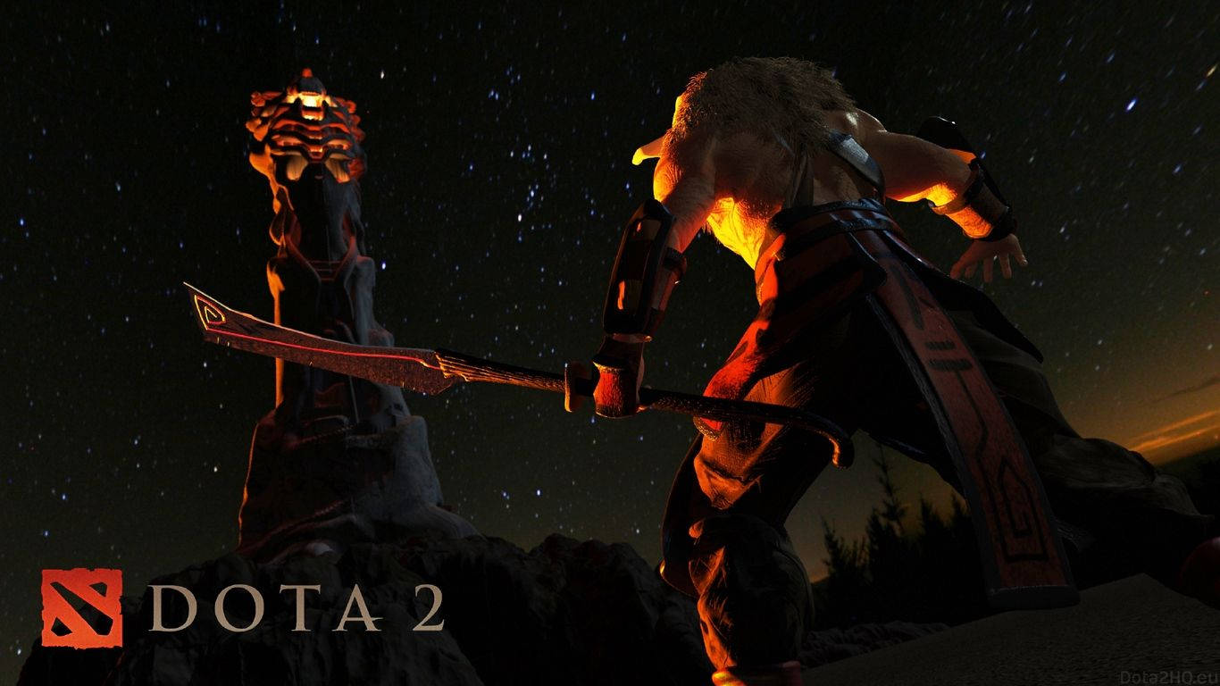 Juggernaut 桌布 壁紙 — 一個肌肉發達的Dota 2英雄手持發光劍，站在星光燦爛的夜空下，背景有一座發光的塔。
