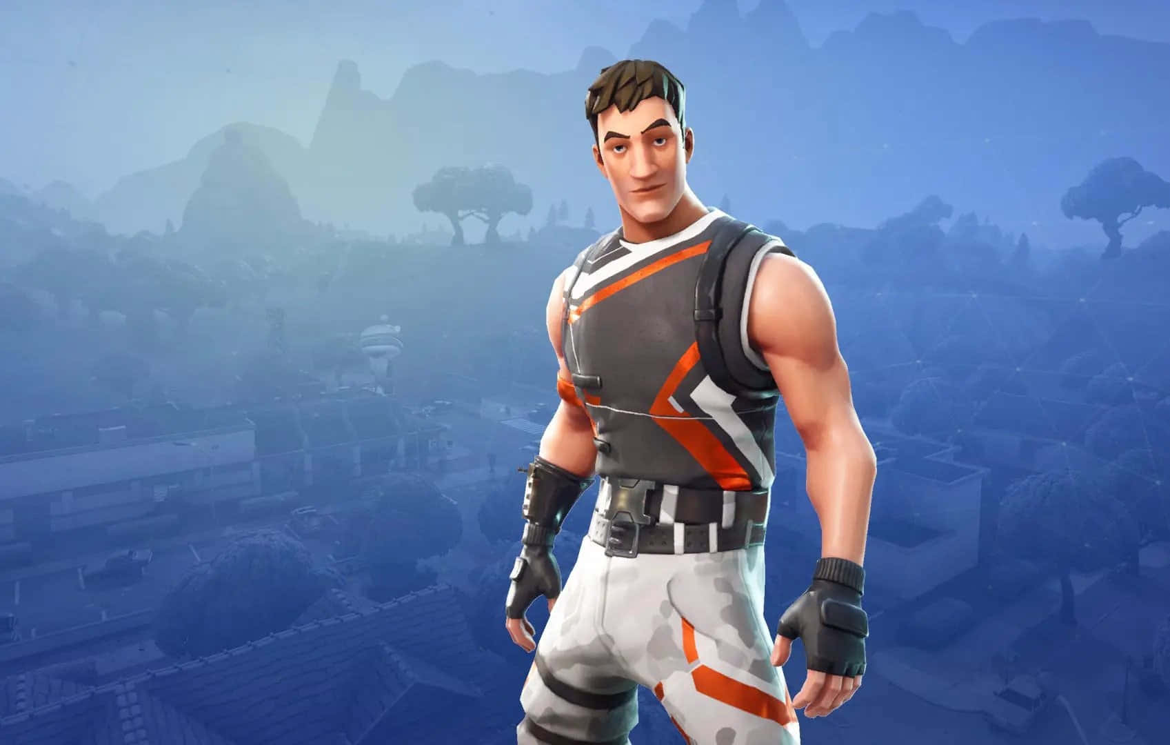 Fortnite Skins Battle Royale 桌布 壁紙 — 一個肌肉發達的Fortnite角色穿著灰色和橙色裝備，自信地站在霧氣瀰漫的藍色風景中，背景有遠山和樹木。