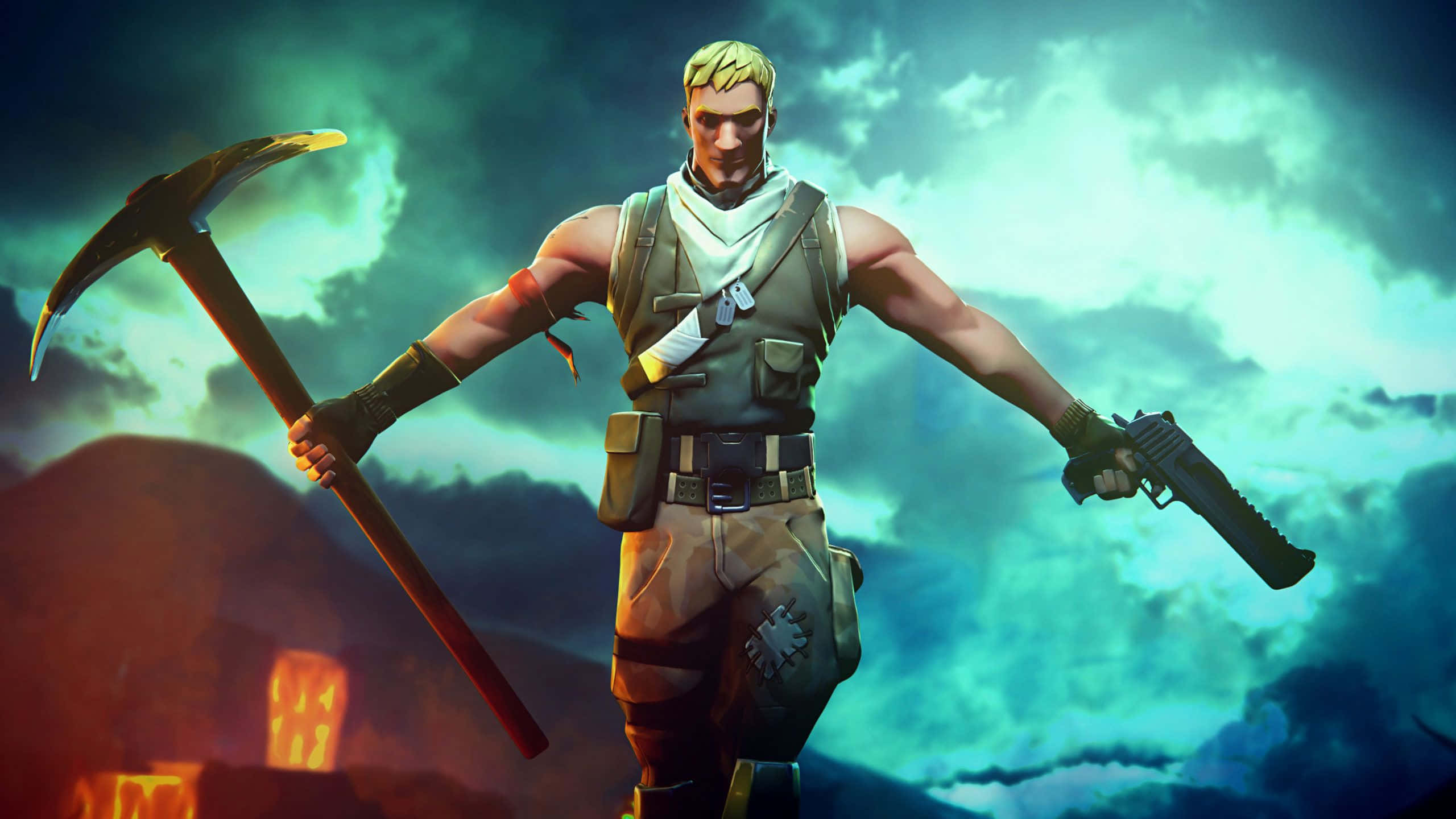 Fortnite 桌布 壁紙 — 一個肌肉發達的Fortnite角色自信地站立，手持鎬和手槍，背景是暴風雨的青綠色和橙色天空。
