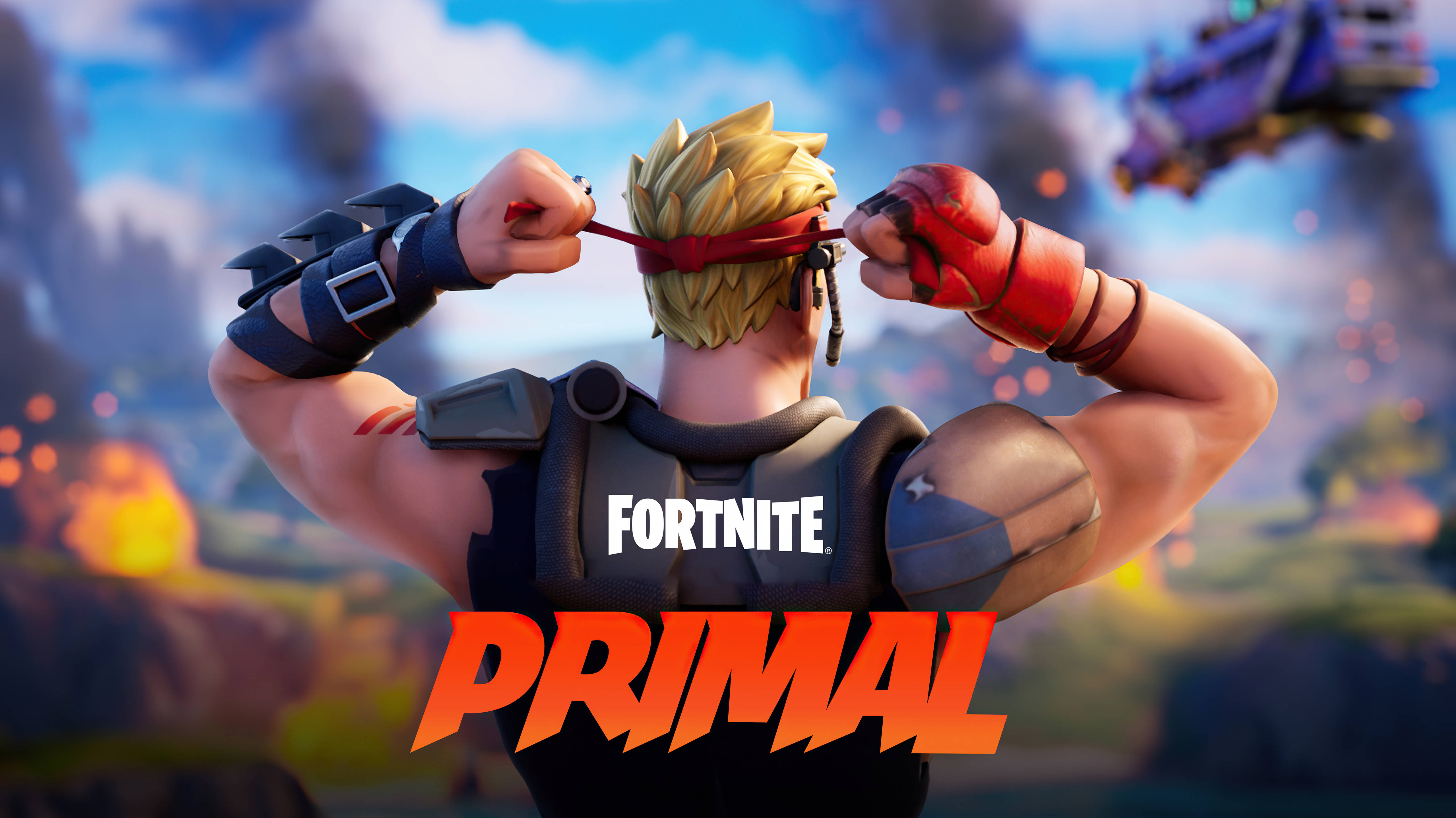 Fortnite iPad 桌布 壁紙 — 一個肌肉發達的Fortnite角色，金髮紅手套，在熾熱的戰鬥背景下摘下紅色眼罩。