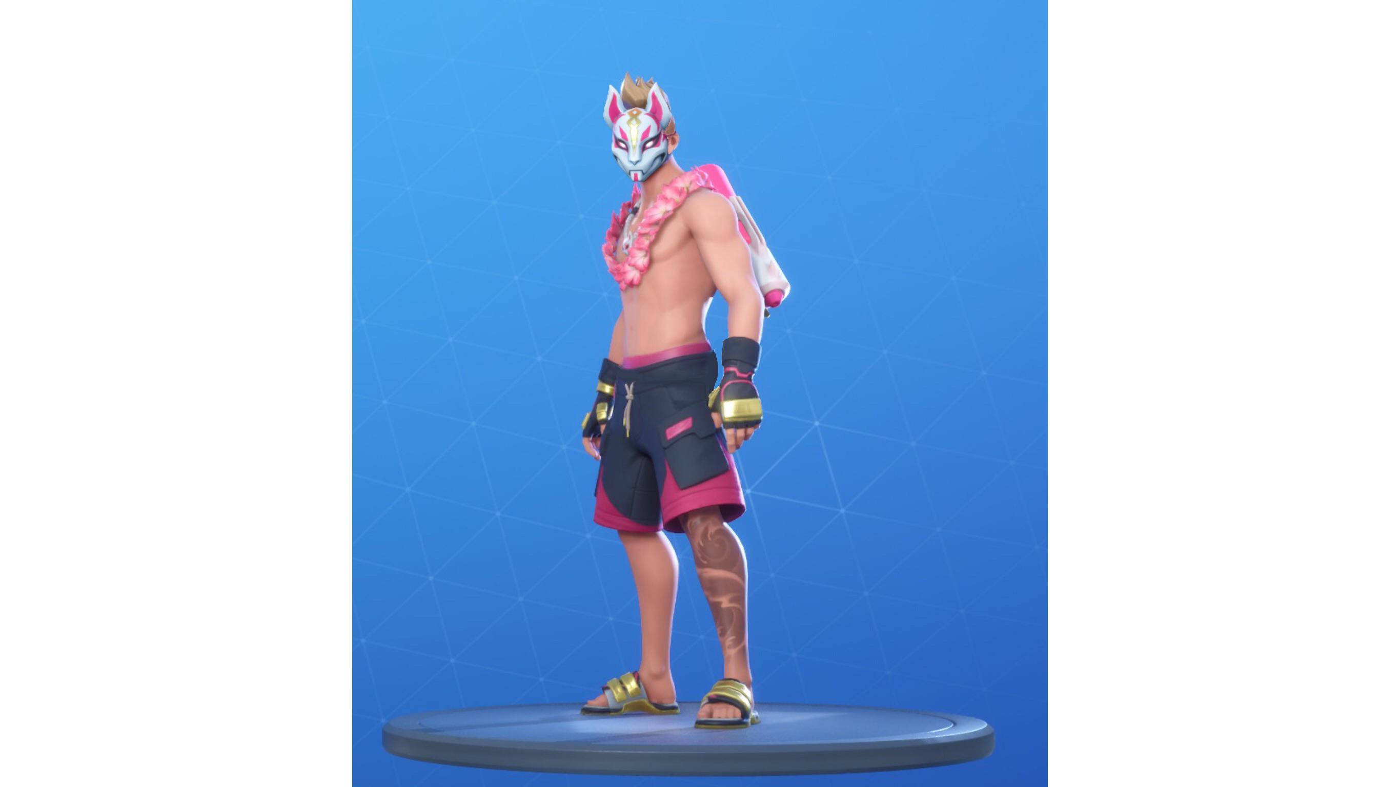 Drift 桌布 壁紙 — 一個肌肉發達的Fortnite角色，戴著粉紅色狐狸面具和短褲，自信地站在藍色平台上，背景是漸變藍色。