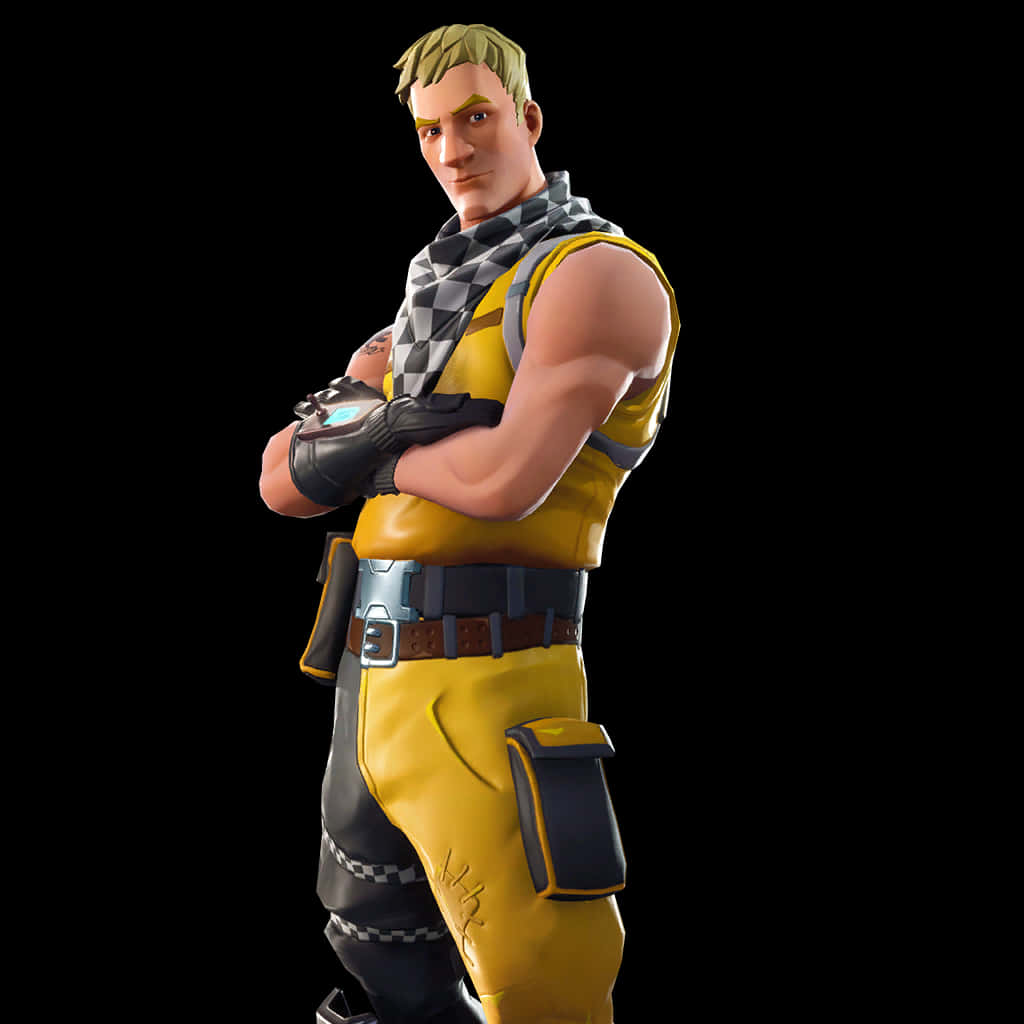 Fortnite Character 桌布 壁紙 — 一個肌肉發達的Fortnite角色，身穿黃色和黑色裝備，在黑色背景前自信地交叉雙臂站立。