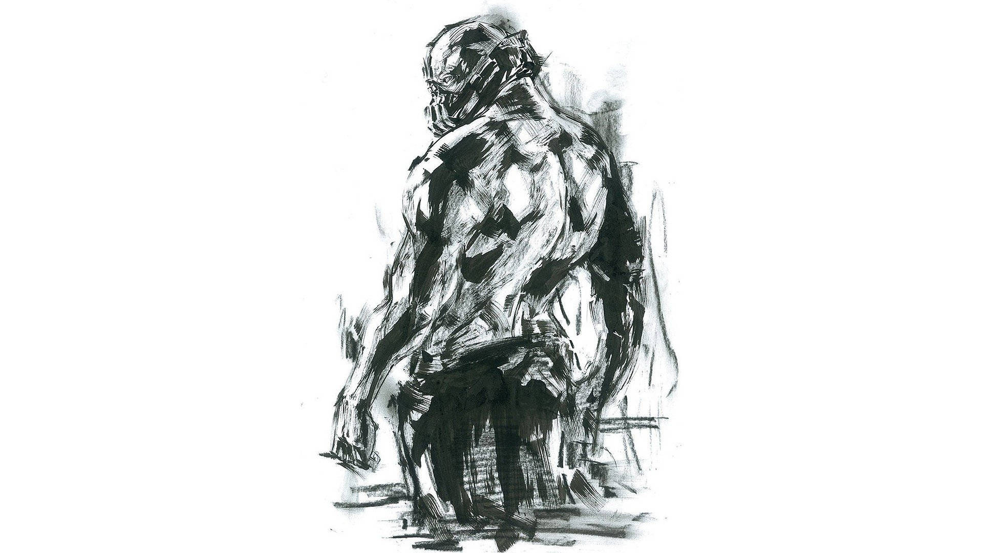 Drawing 桌布 壁紙 — 一個肌肉發達的人形人物戴著防毒面具，以粗糙的木炭筆觸呈現出鮮明的黑白素描。