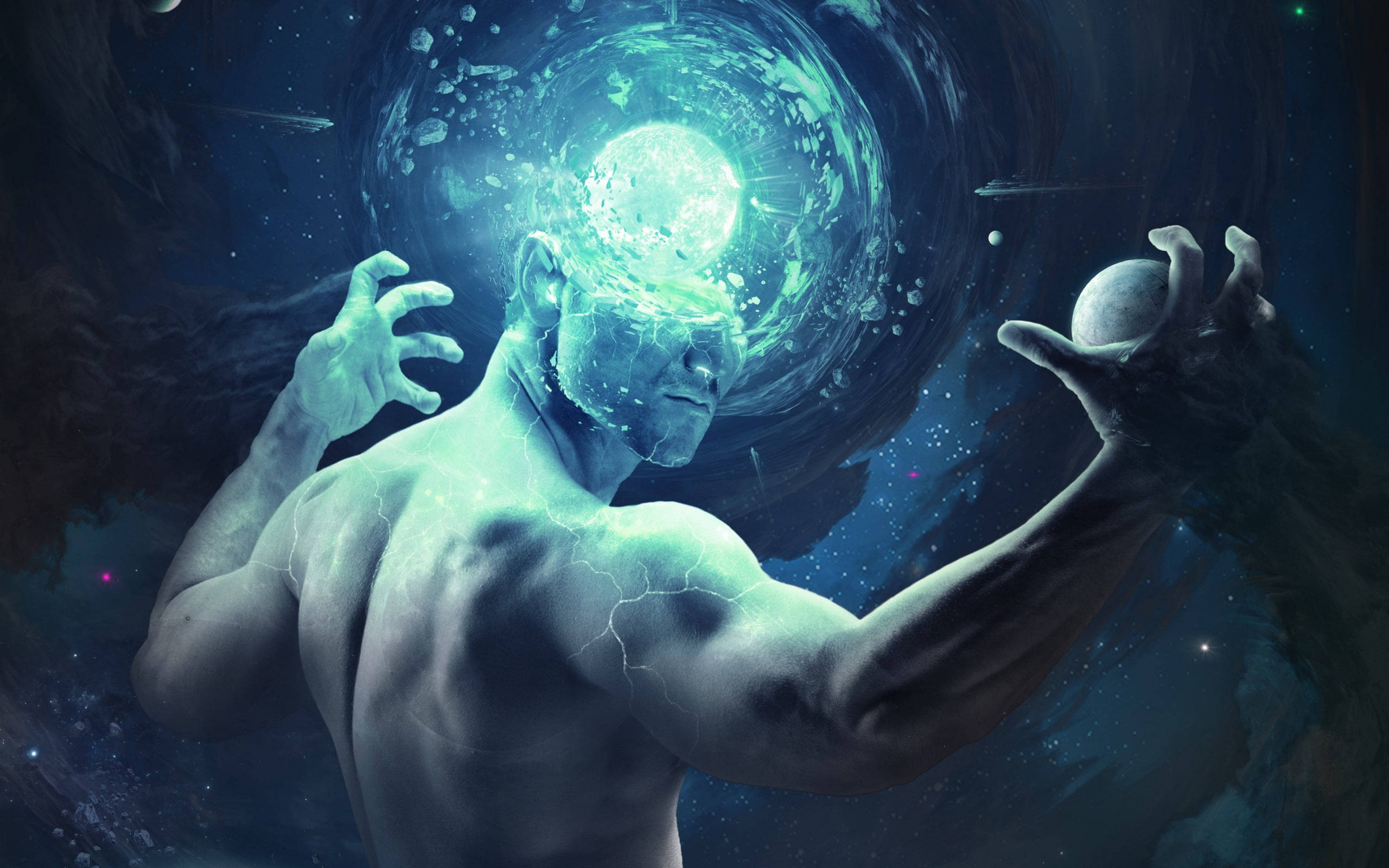 mind 桌布 壁紙 — 一個肌肉發達的人物，頭部旋轉著發光的綠色能量，手持一個球體，背景是宇宙星空。