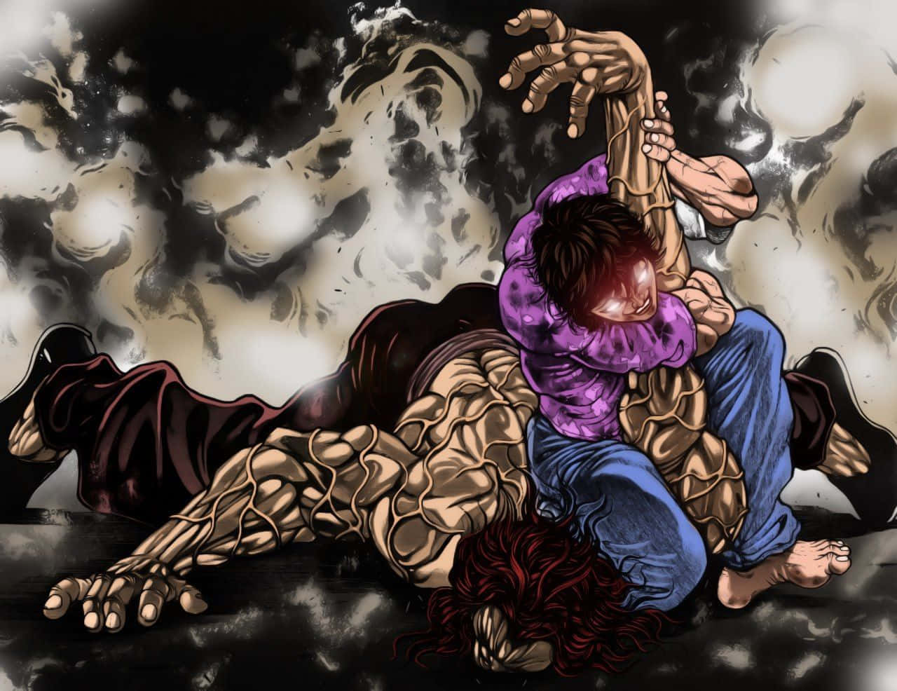 動漫男孩 桌布 壁紙 — 一個肌肉發達的人物穿著紫色襯衫和藍色牛仔褲，與從暴風雲中出現的怪物骨骼手臂搏鬥。