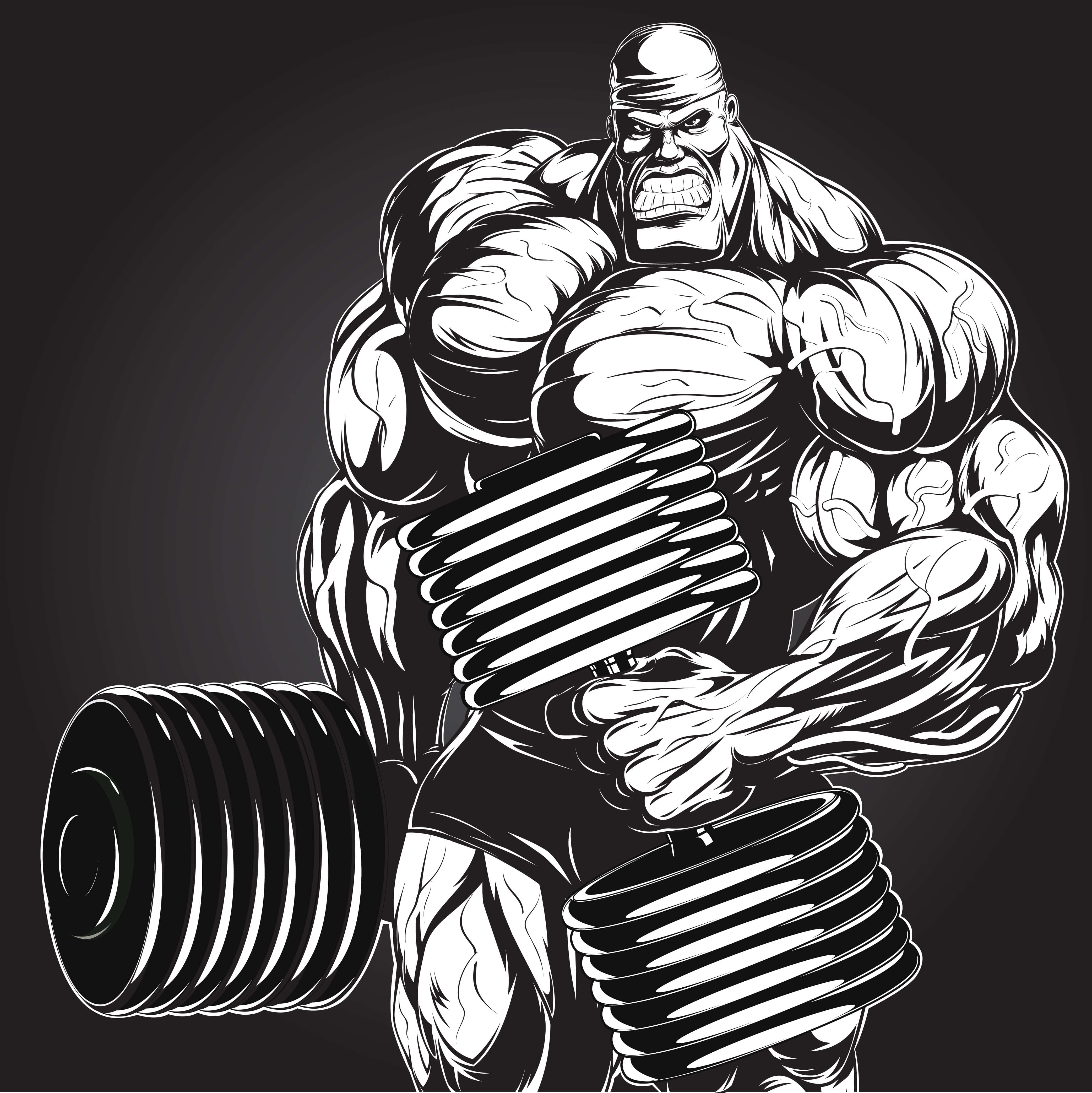 bodybuilding 桌布 壁紙 — 一個肌肉發達的健美運動員，表情強烈，在清晰的黑白插圖中舉起沉重的槓鈴。