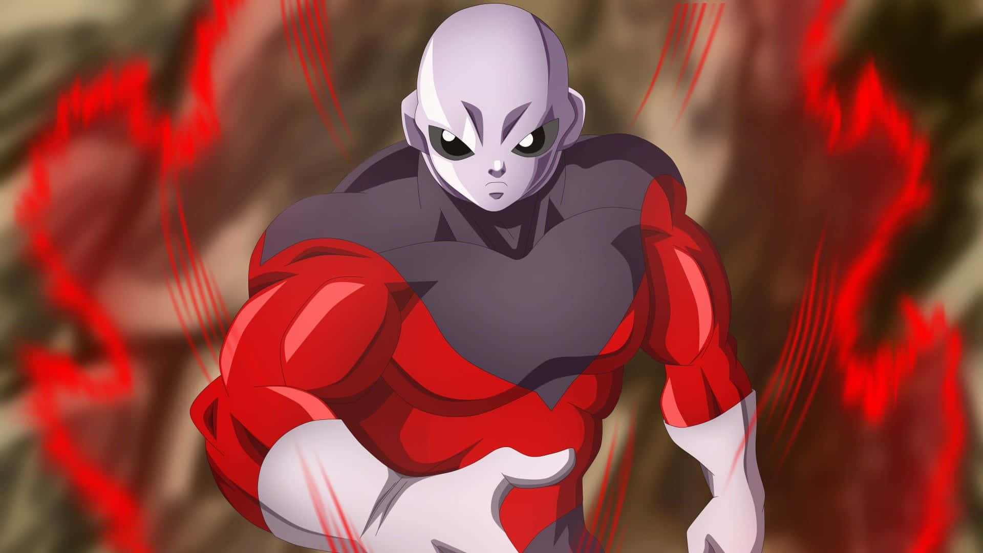 Dragon Ball Z Characters 桌布 壁紙 — 一個肌肉發達的光頭動漫角色，身穿紅色和灰色盔甲，以戰鬥姿態站立，周圍環繞著紅色能量條紋。