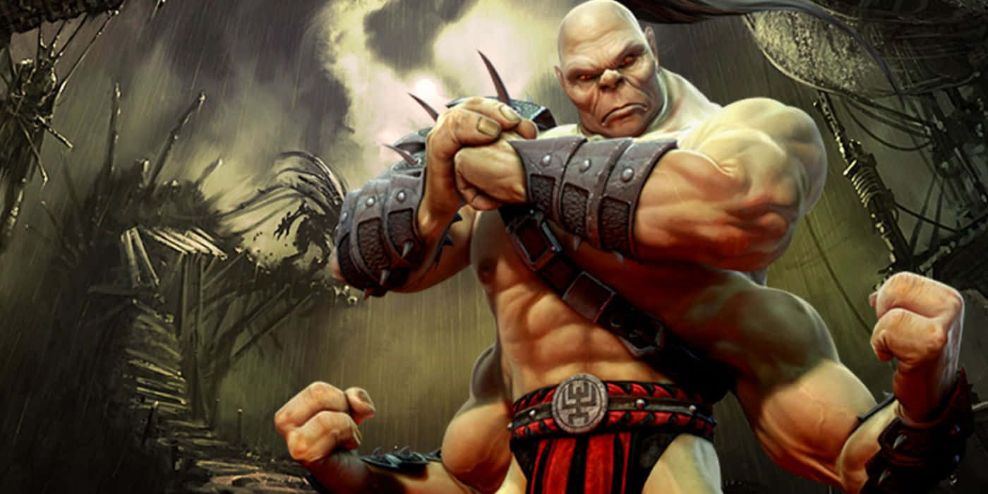 Mortal Kombat Goro 桌布 壁紙 — 一個肌肉發達的光頭戰士，戴著帶刺的護手，站在黑暗風暴的叢林中揮舞武器。