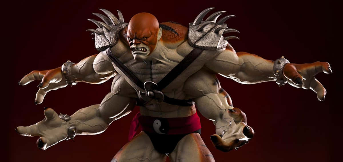 Mortal Kombat Kintaro 桌布 壁紙 — 一個肌肉發達的光頭戰士，穿著帶刺的肩甲和紅色纏腰布，在深紅色背景下擺出兇猛的姿勢。