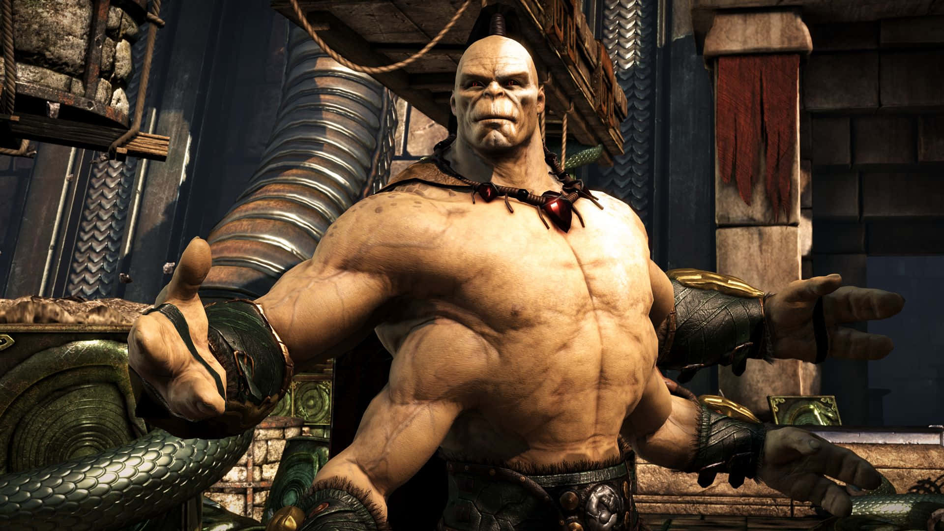 Mortal Kombat Goro 桌布 壁紙 — 一個肌肉發達的光頭戰士，穿著部落裝備，站在石頭和金屬堡壘內部。
