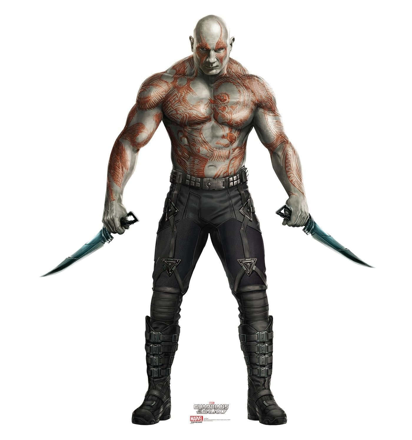Drax 桌布 壁紙 — 一個肌肉發達的光頭戰士，身上有紅色部落紋身，手持兩把彎刀，站在純白色背景前。