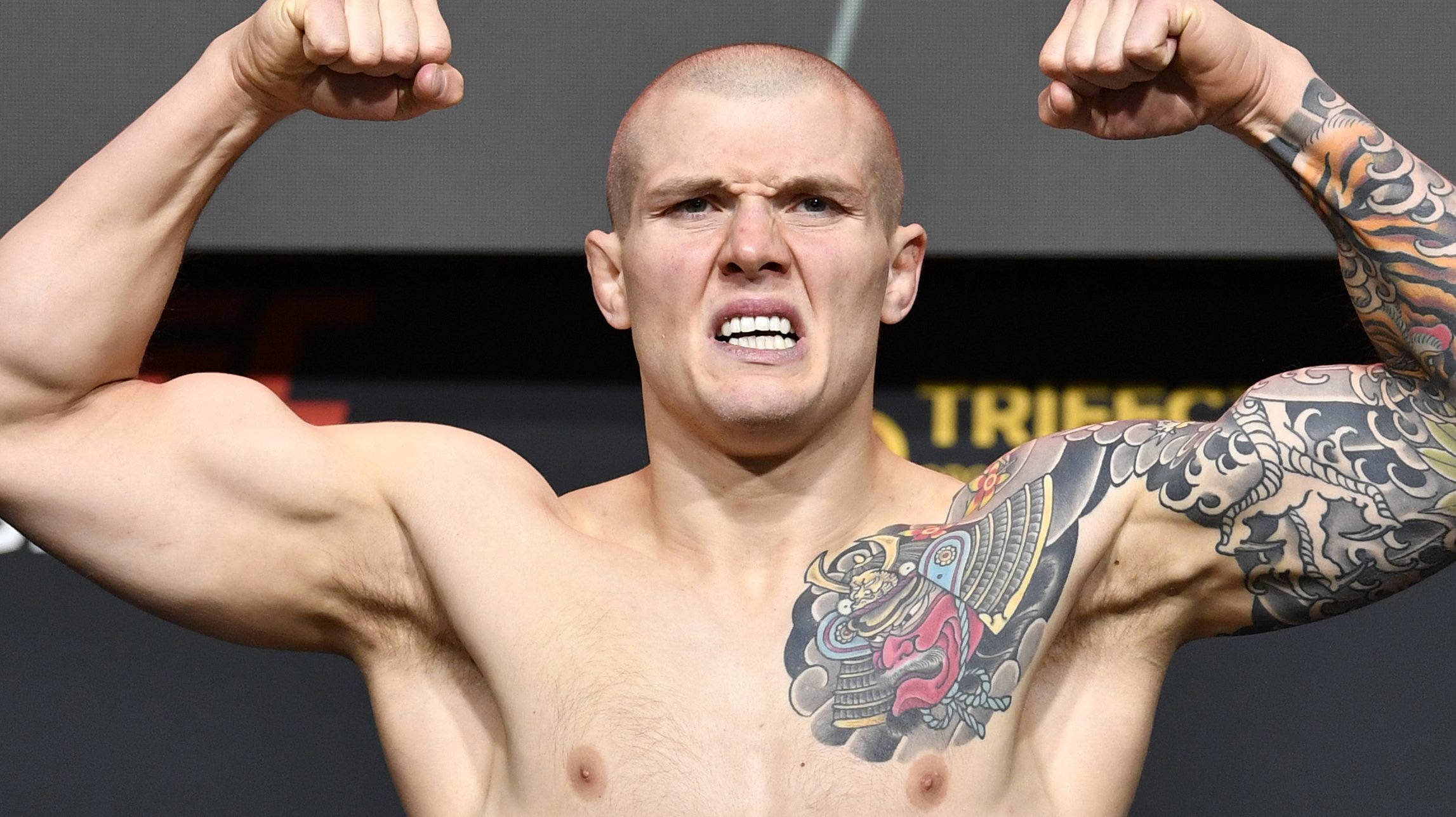MMA 桌布 壁紙 — 一個肌肉發達的光頭戰士，身上有複雜的紋身，在黑暗的活動背景下雙臂彎曲，擺出勝利的姿勢。