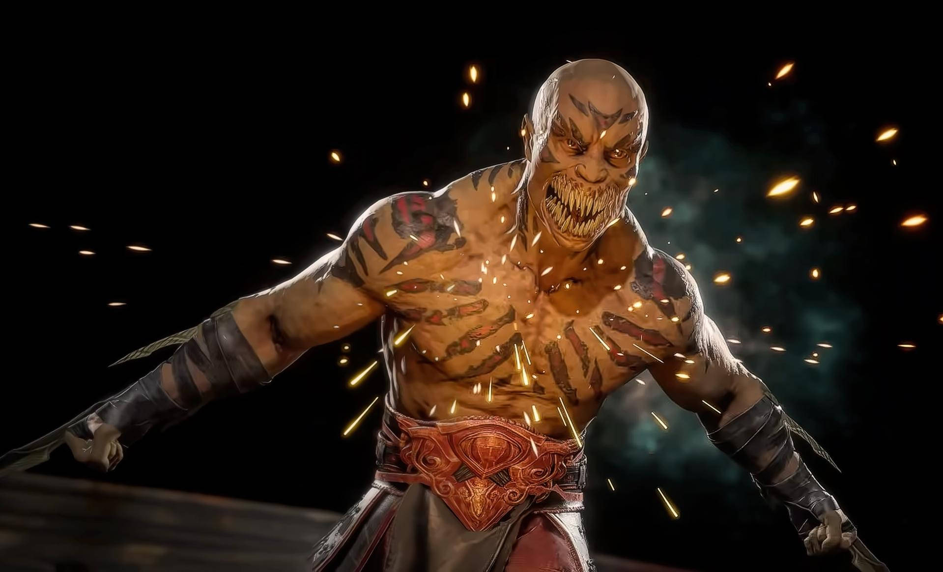 Mk11 桌布 壁紙 — 一個肌肉發達的光頭戰士，身上有部落紋身和發光的眼睛，在黑暗背景中咆哮，火花四濺。