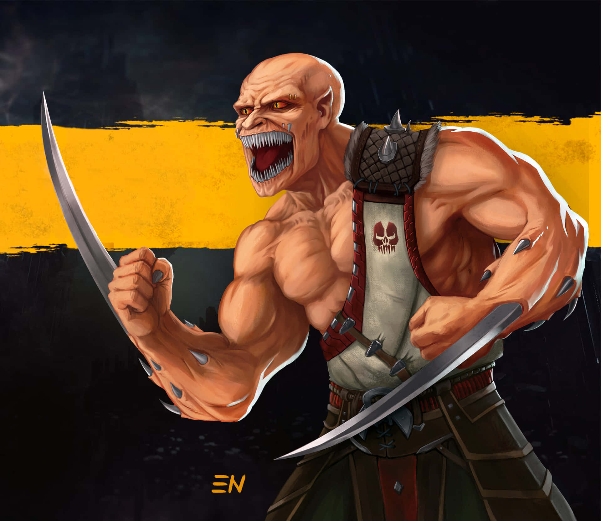 Mortal Kombat Baraka 桌布 壁紙 — 一個肌肉發達的光頭戰士，長有獠牙和利爪，在鮮明的黃色和黑色背景前揮舞兩把彎刀咆哮。