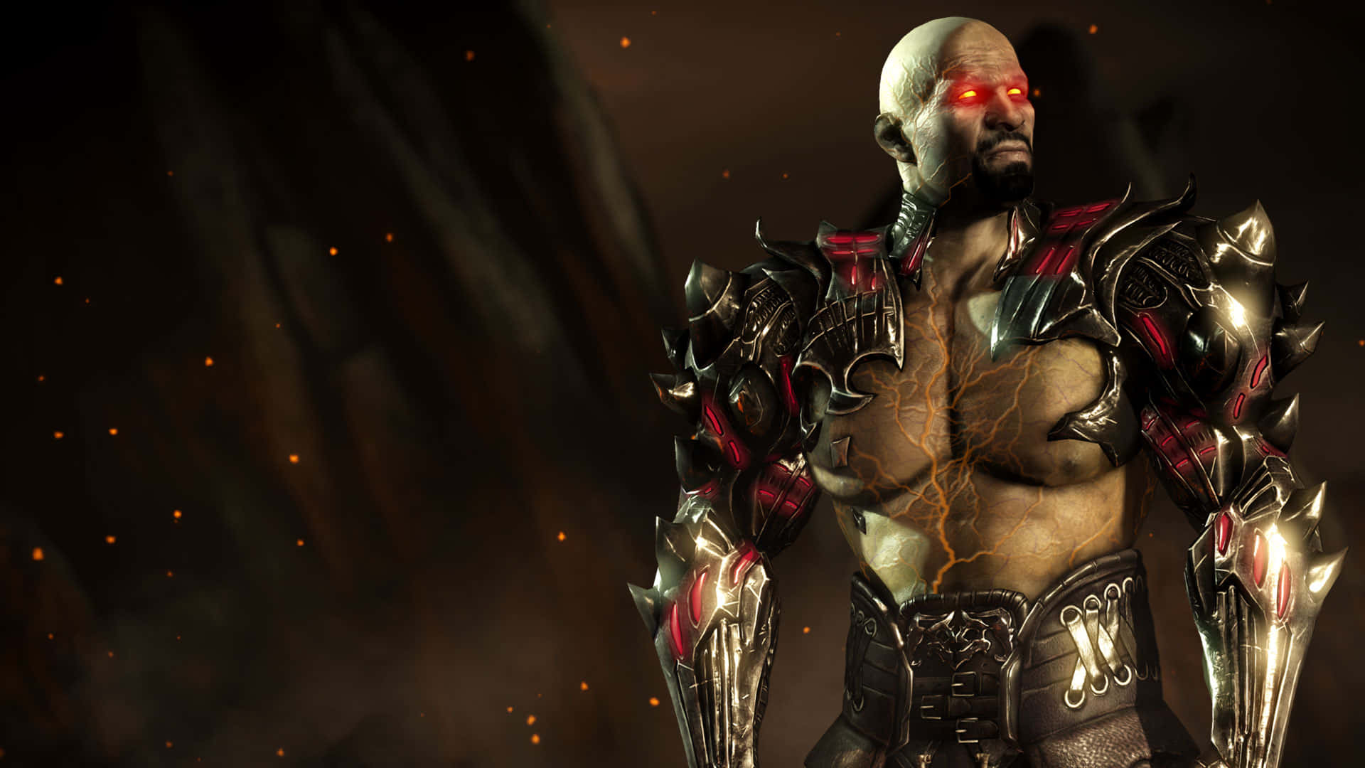 Mortal Kombat Jax 桌布 壁紙 — 一個肌肉發達的光頭戰士，雙眼發出紅光，胸前有閃電劈啪作響，身穿黑色盔甲，背景煙霧繚繞、火光沖天。