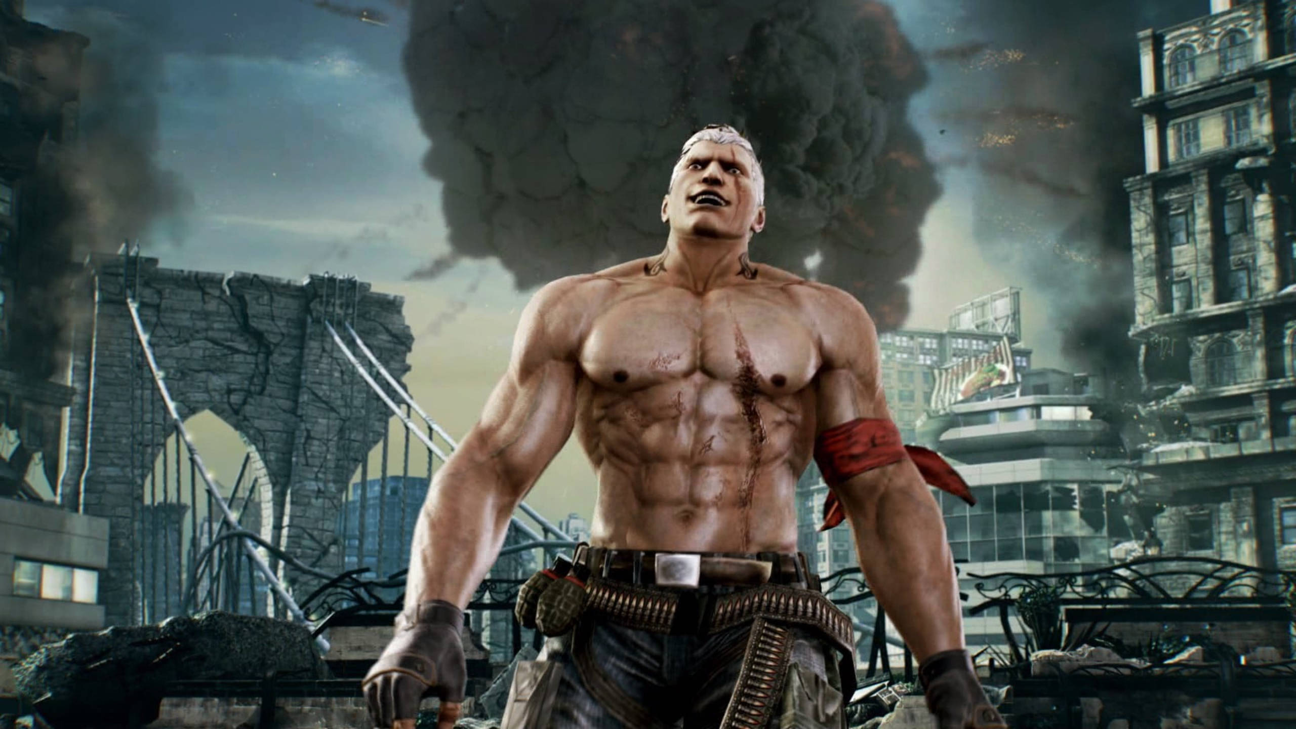 Tekken 桌布 壁紙 — 一個肌肉發達的光頭戰士挑釁地站在廢墟城市景觀中，身後煙霧升騰。