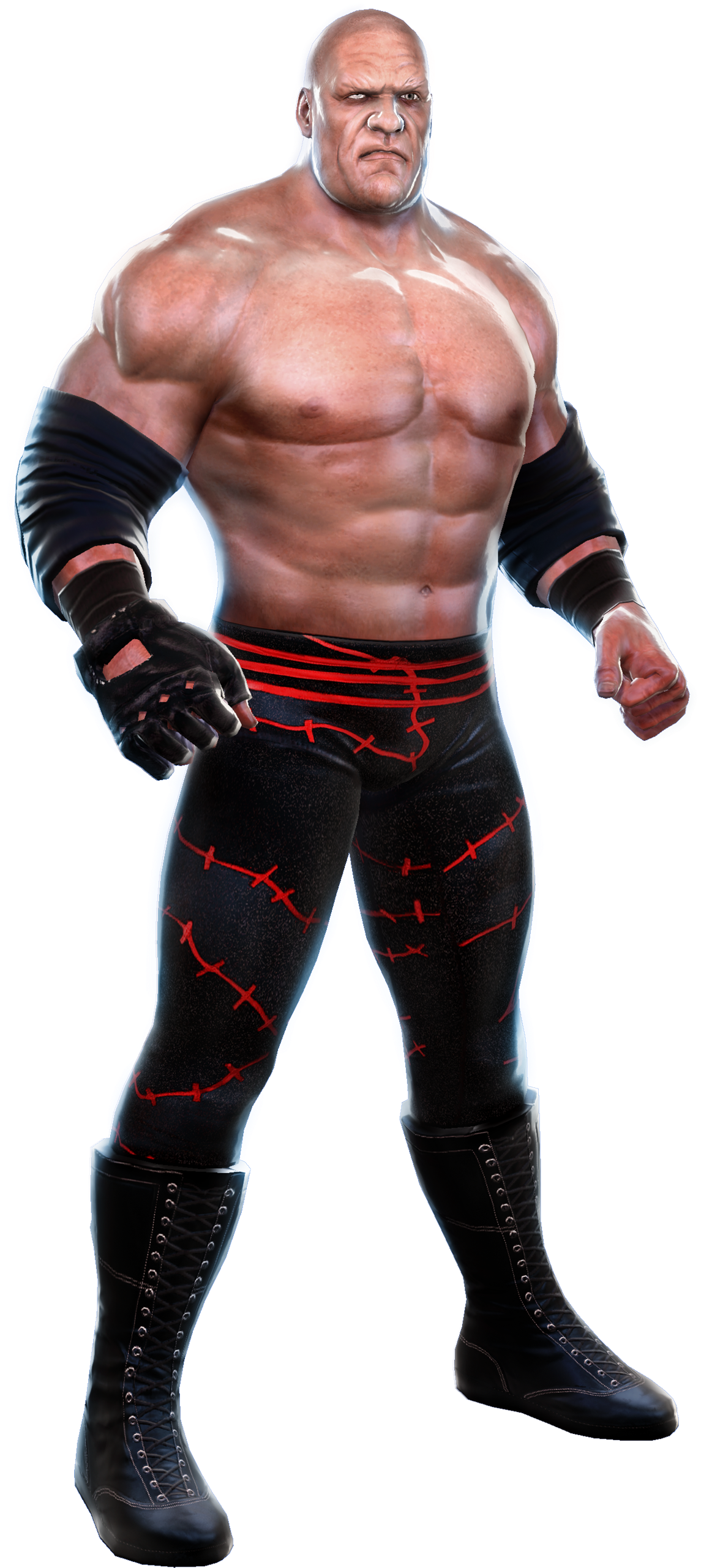 WWE 桌布 壁紙 — 一個肌肉發達的光頭摔角手，穿著帶有紅色縫線的黑色緊身褲和黑色靴子，在黑色背景下帶著兇猛的表情站立。