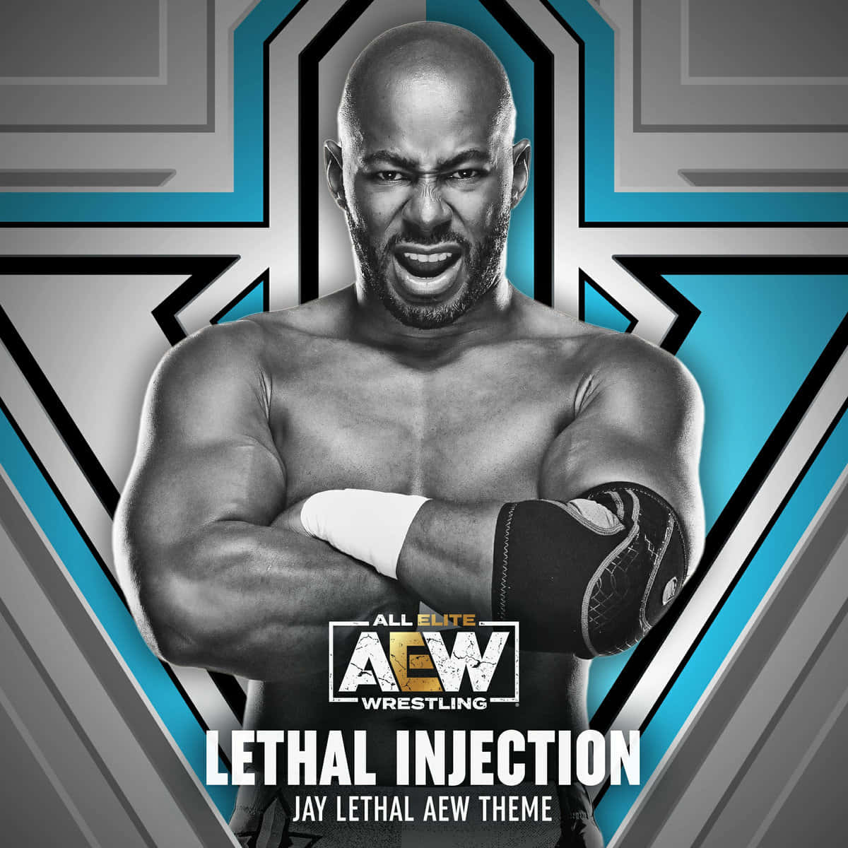 Aew 桌布 壁紙 — 一個肌肉發達的光頭摔角手交叉雙臂，表情兇猛，站在大膽的藍色和灰色幾何背景前。