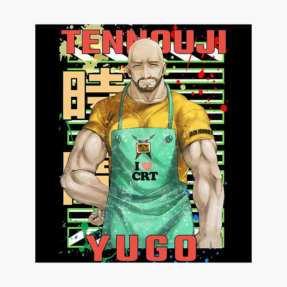 Yuugo Tennouji 桌布 壁紙 — 一個肌肉發達的光頭男人，穿著印有「I ❤ CRT」的綠色圍裙，自信地站在帶有粗體紅色和綠色文字的塗鴉風格背景前。