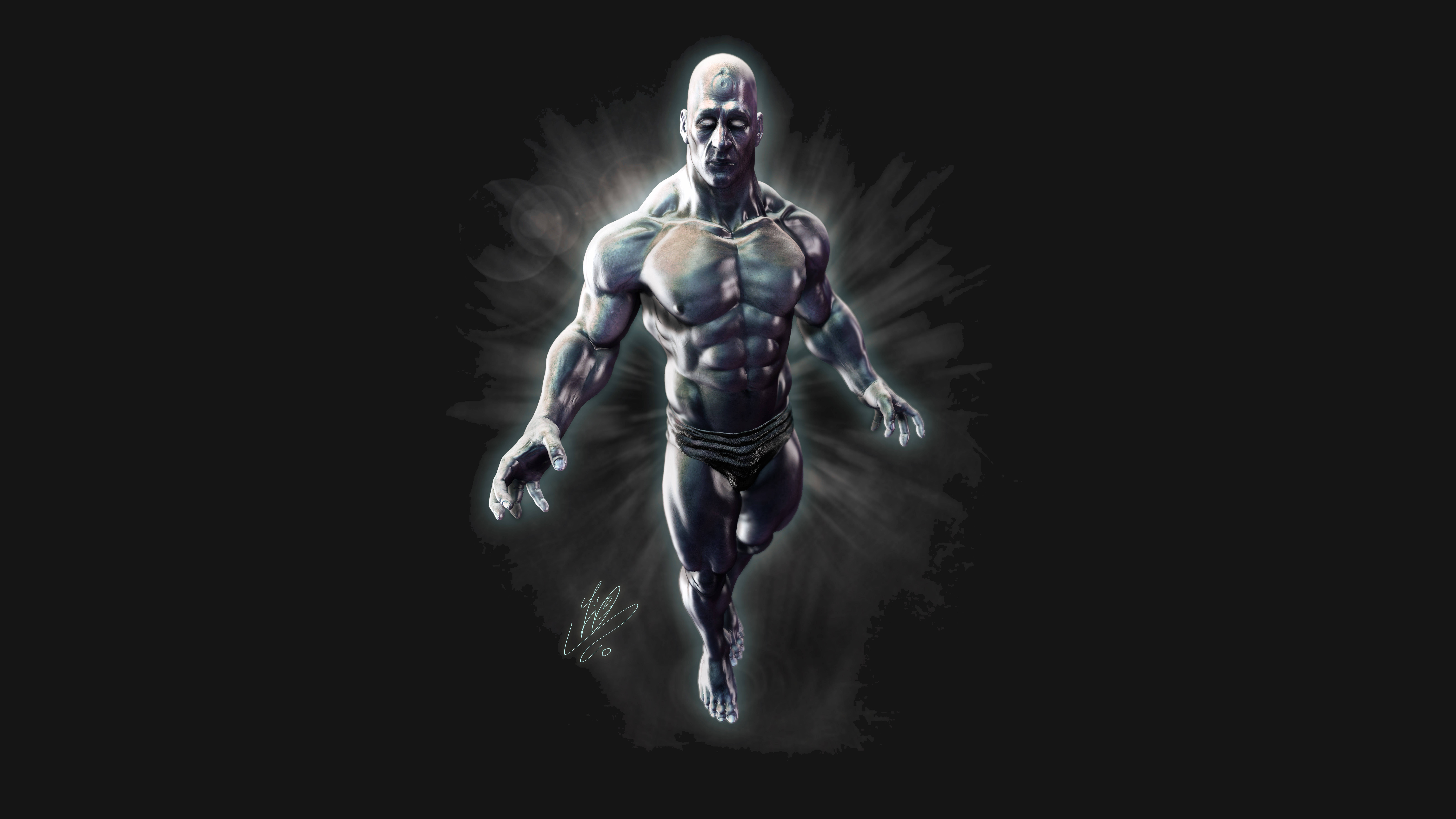 Watchmen 桌布 壁紙 — 一個肌肉發達的光頭男子，皮膚發光，漂浮在帶有輻射光效的黑暗背景上。