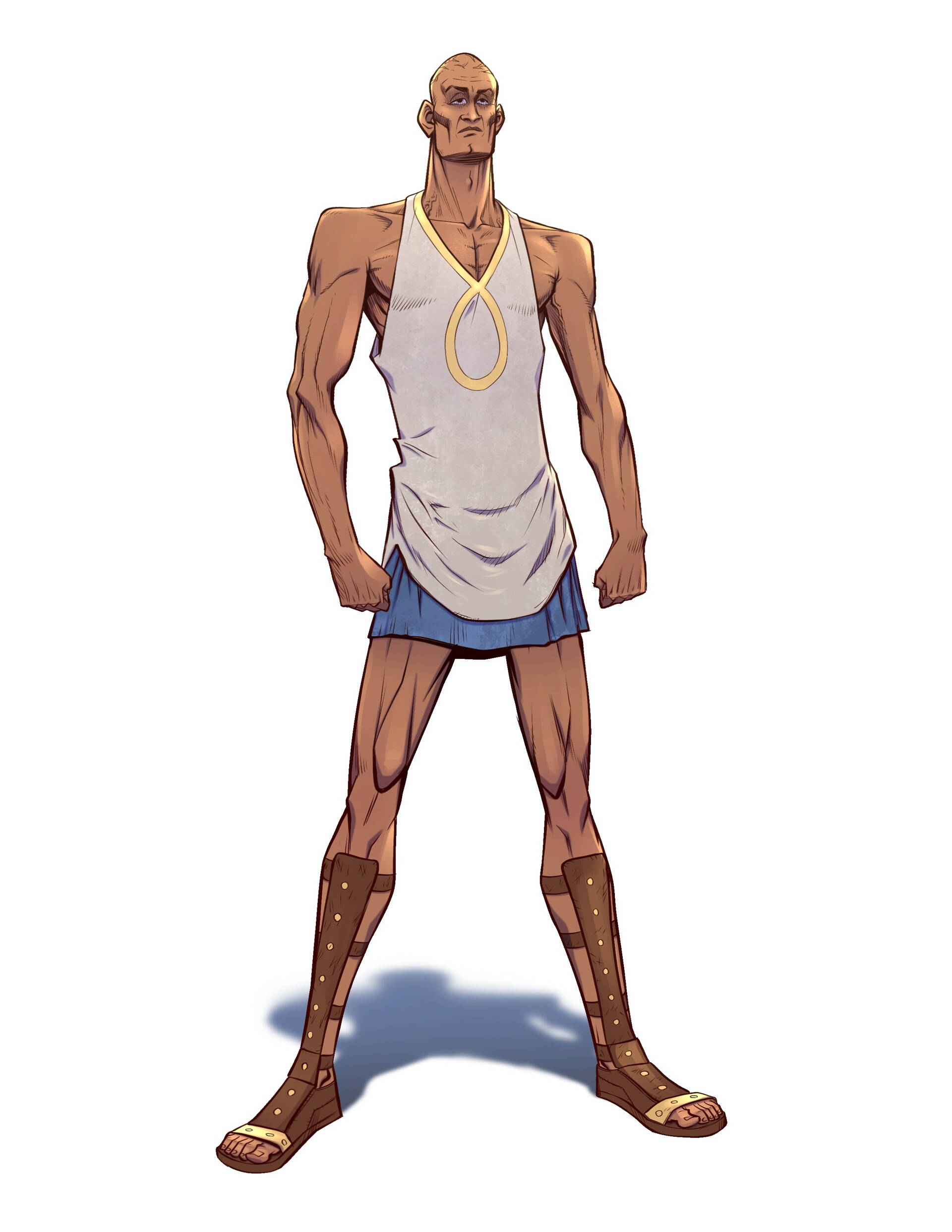 Fitness 桌布 壁紙 — 一個肌肉發達的光頭男子穿著古希臘服裝，在純白色背景前帶著嚴肅的表情自信地站立。