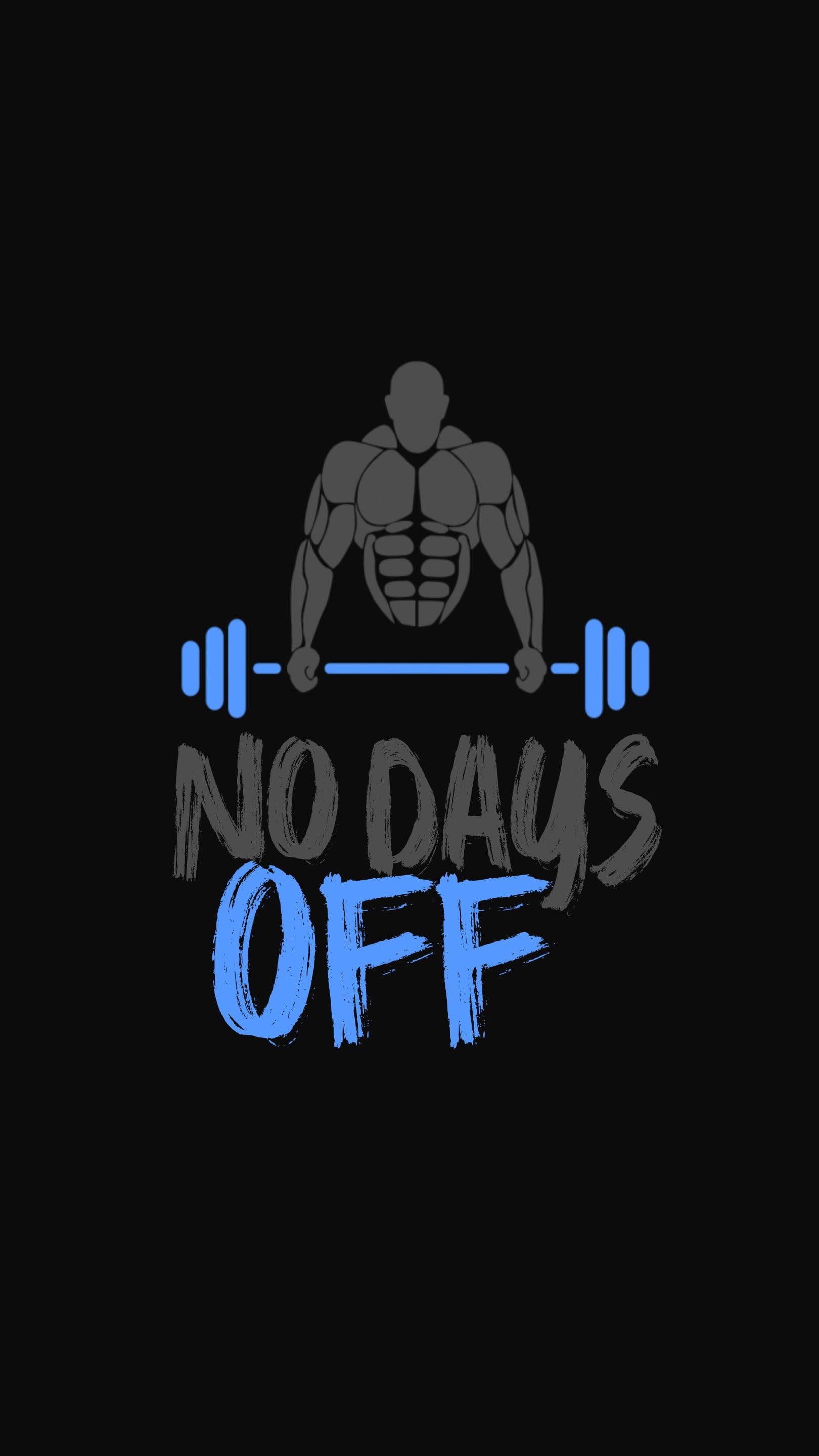 Fitness Motivation iPhone 桌布 壁紙 — 一個肌肉發達的剪影在黑色背景前舉起藍色槓鈴，粗體文字寫著 no days off。