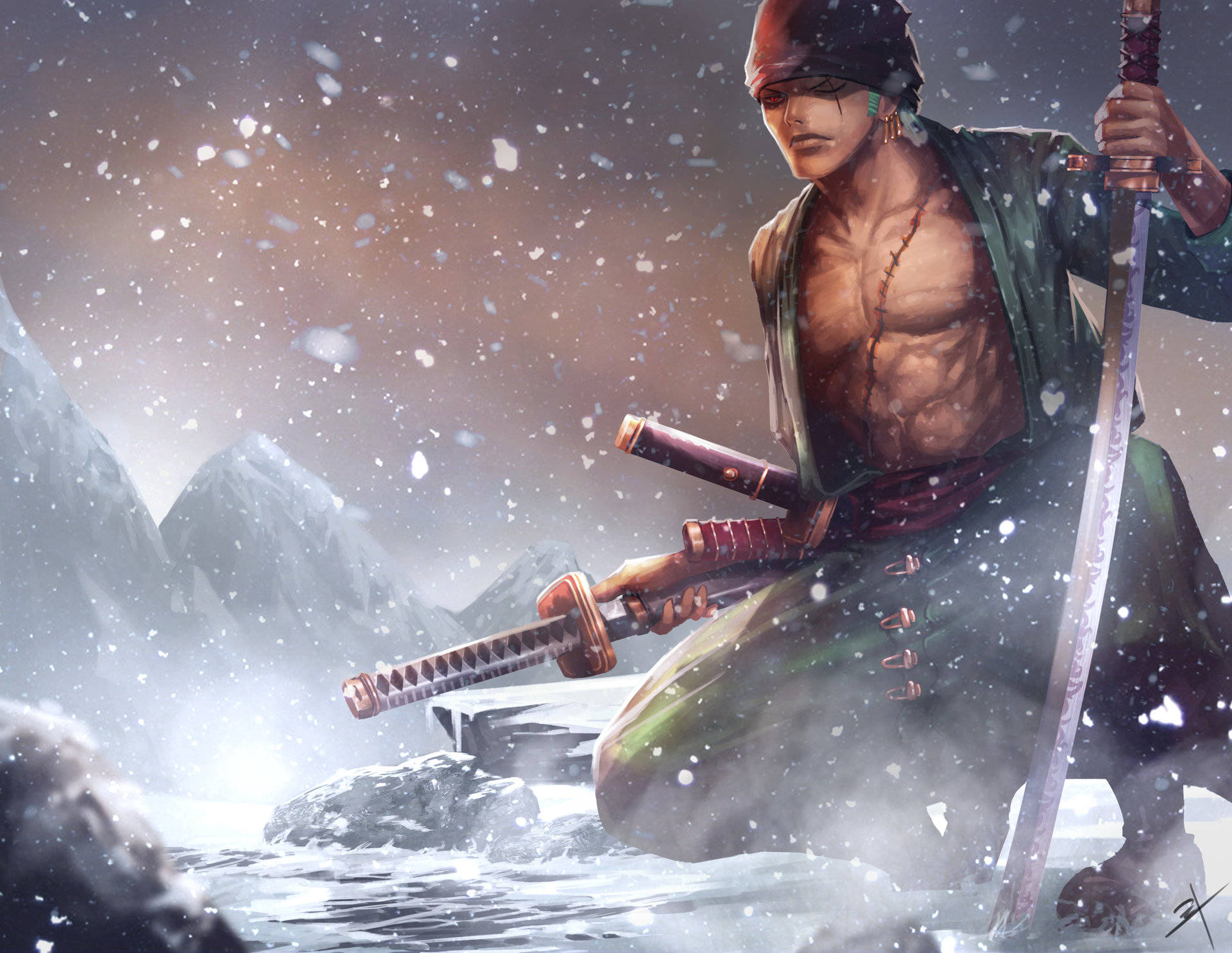 Roronoa 桌布 壁紙 — 一個肌肉發達的劍士跪在雪山中，手持兩把劍，雪花在他周圍飄落。