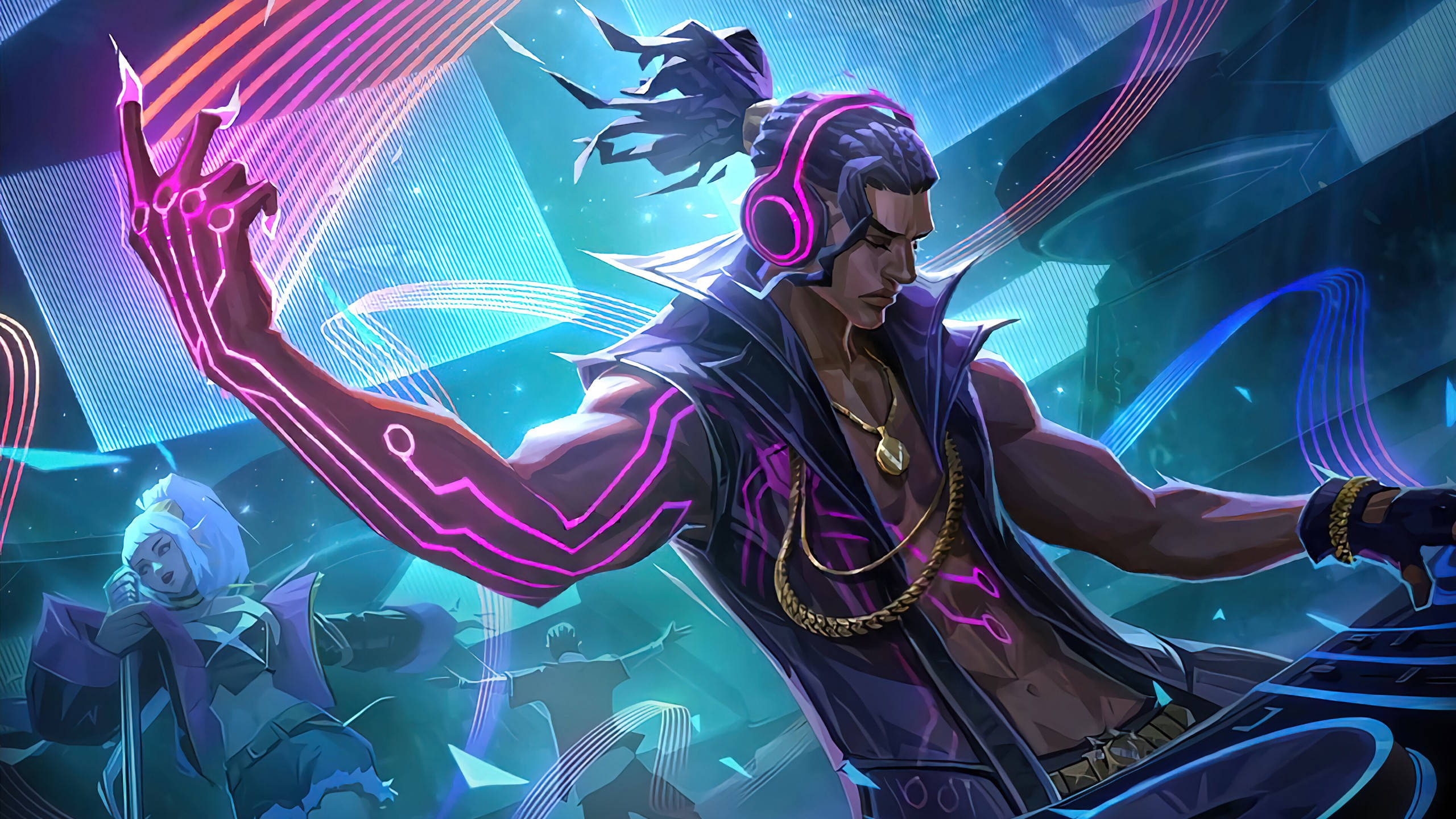Mobile Legends 動態圖 桌布 壁紙 — 一個肌肉發達的動漫DJ，手臂上有發光的粉紅色電路和耳機，指揮著一個霓虹燈照亮的未來派俱樂部舞台。