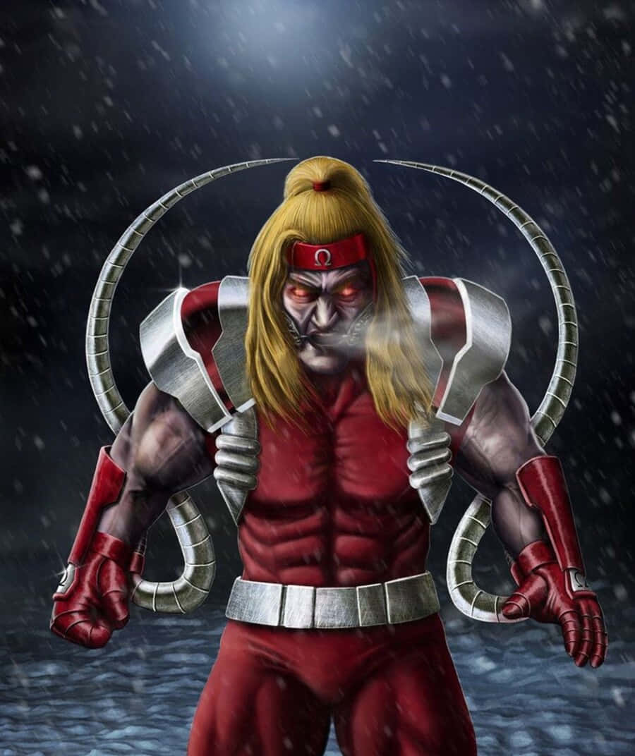 Omega Red 桌布 壁紙 — 一個肌肉發達的動漫反派，擁有發光的紅色眼睛和長長的金色頭髮，站在暴風雨中，穿著紅色和銀色的盔甲，帶有機械觸手。