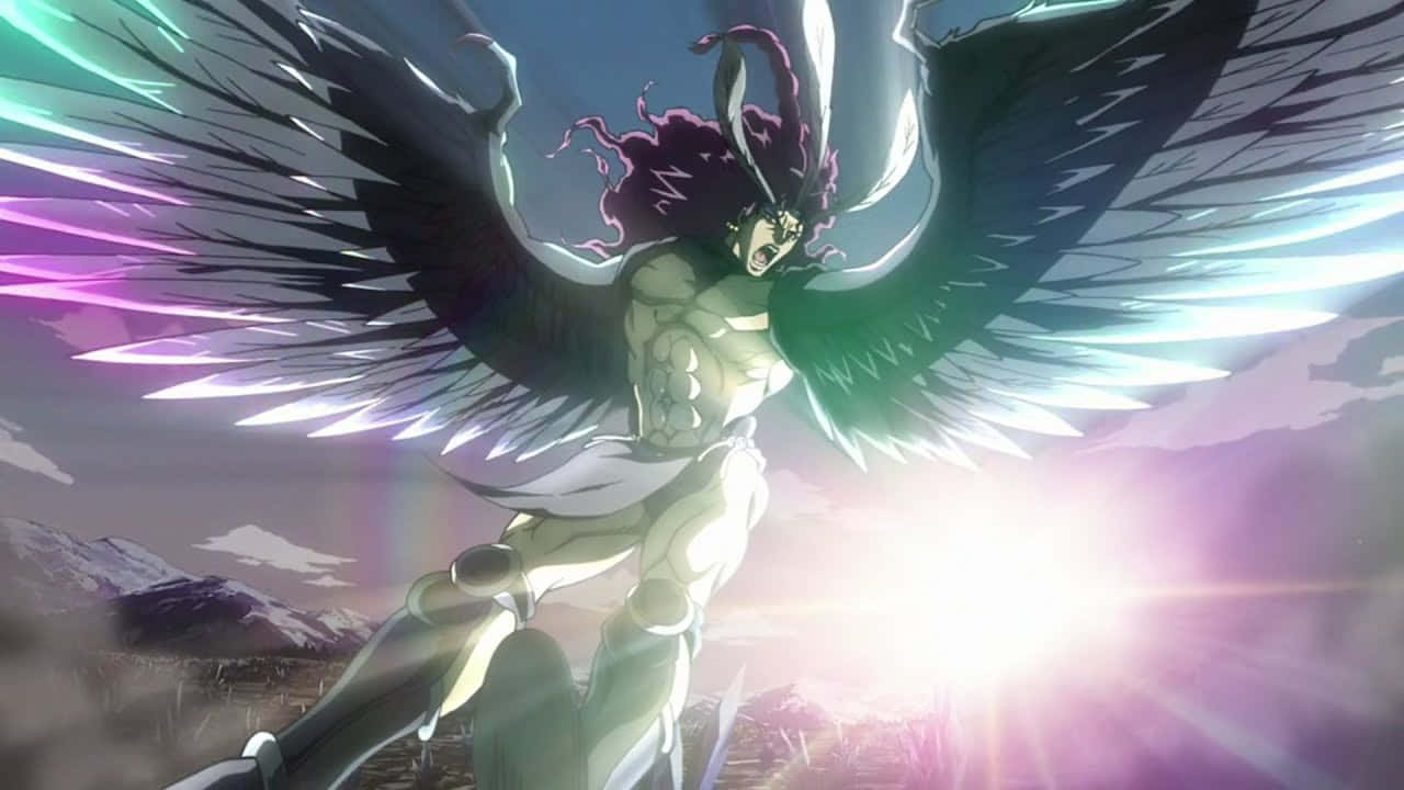 Jojo's Bizarre Adventure Kars 桌布 壁紙 — 一個肌肉發達的動漫天使，擁有深色翅膀和紫色頭髮，在雪山上輝煌的日落中勝利地站立。