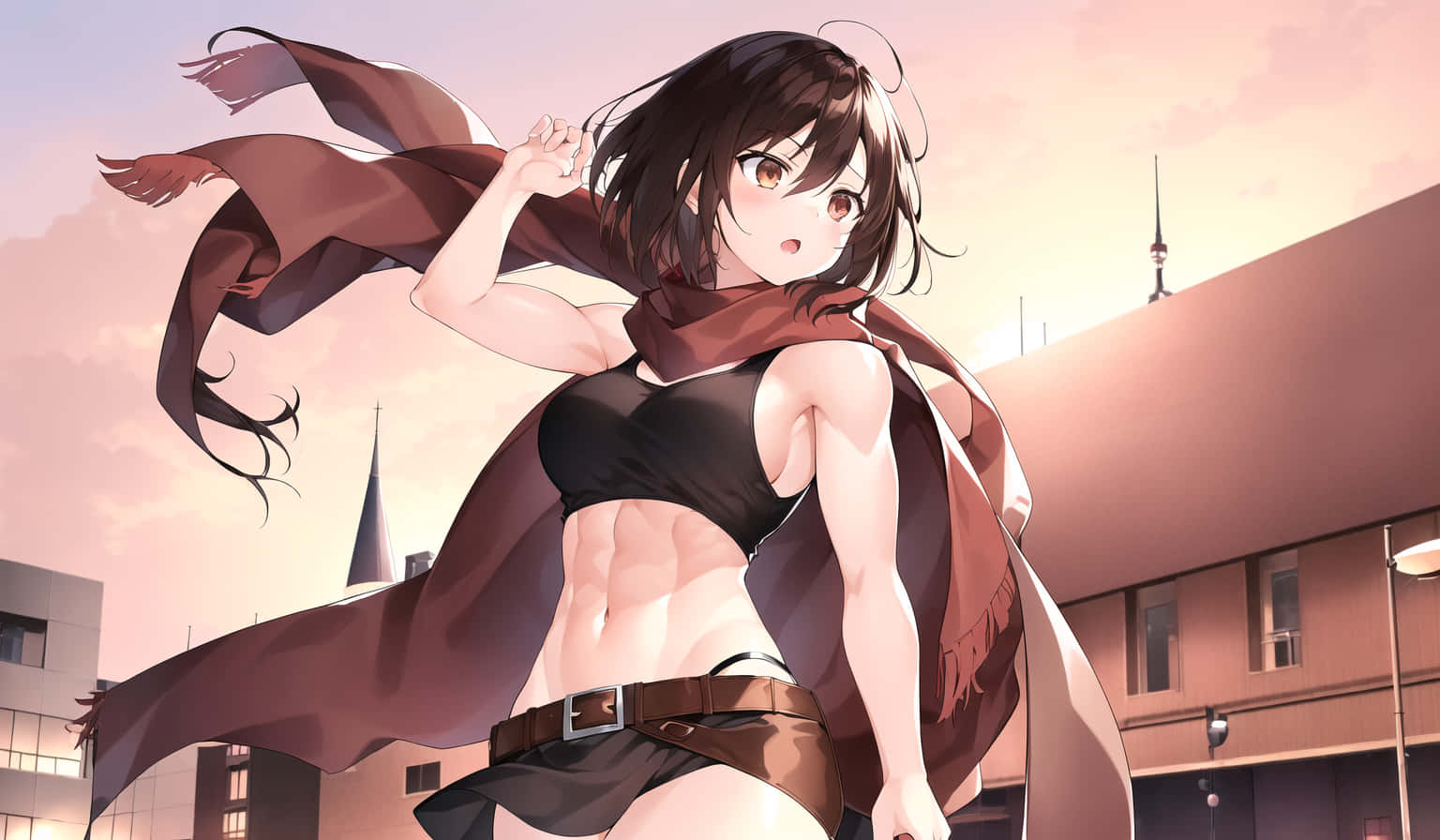 Mikasa 桌布 壁紙 — 一個肌肉發達的動漫女孩，棕色頭髮和圍巾，自信地站在城市日落場景中。