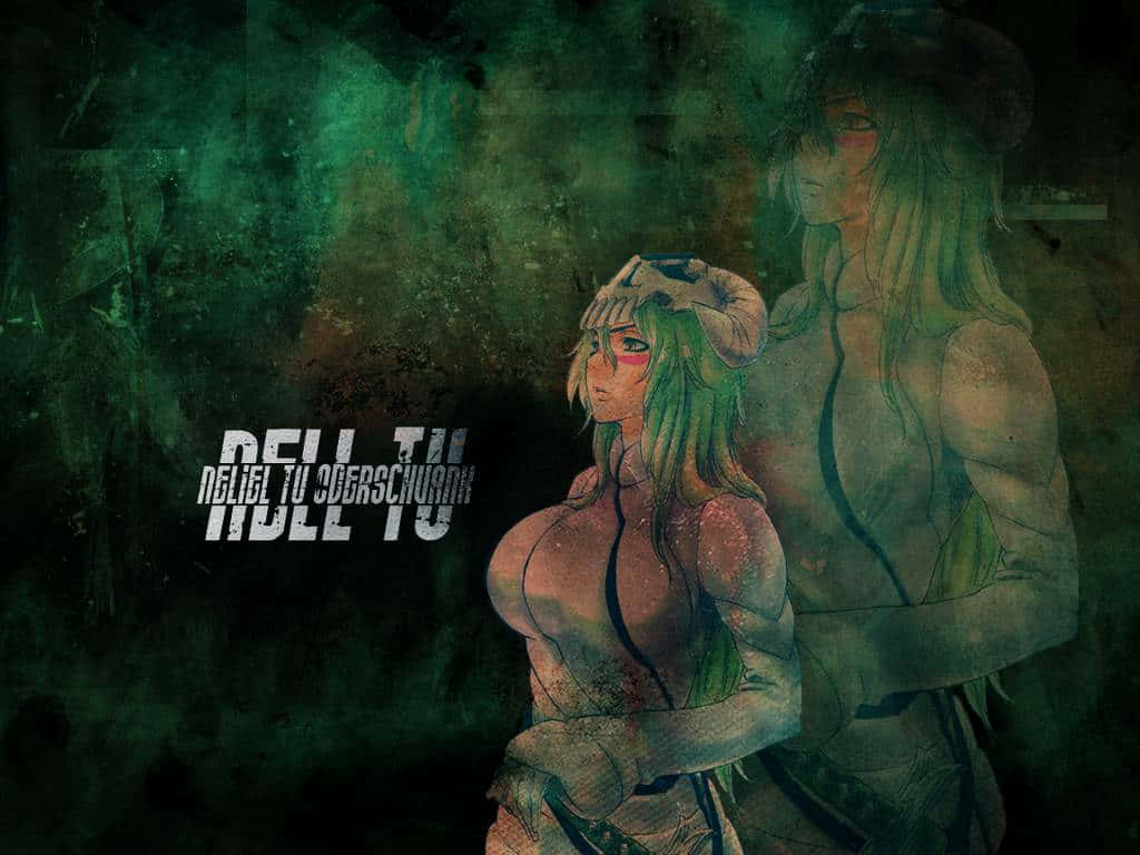 Nelliel Tu Odelschwanck 桌布 壁紙 — 一個肌肉發達的動漫女性，擁有綠色頭髮和公羊角，站在深綠色紋理背景中，身後有一個幽靈般的身影。