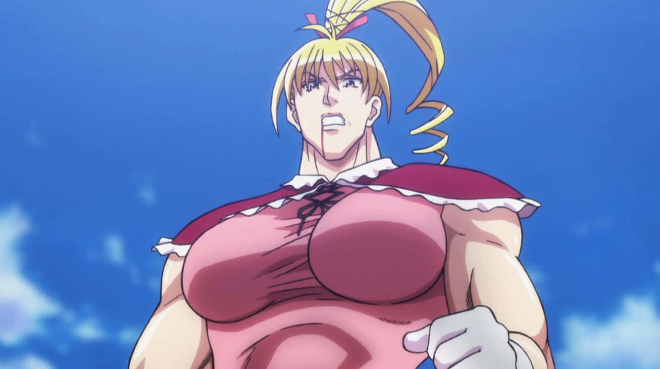 Biscuit Krueger 桌布 壁紙 — 一個肌肉發達的動漫女性，金髮馬尾，穿著紅色荷葉邊上衣，背景是明亮的藍天白雲。