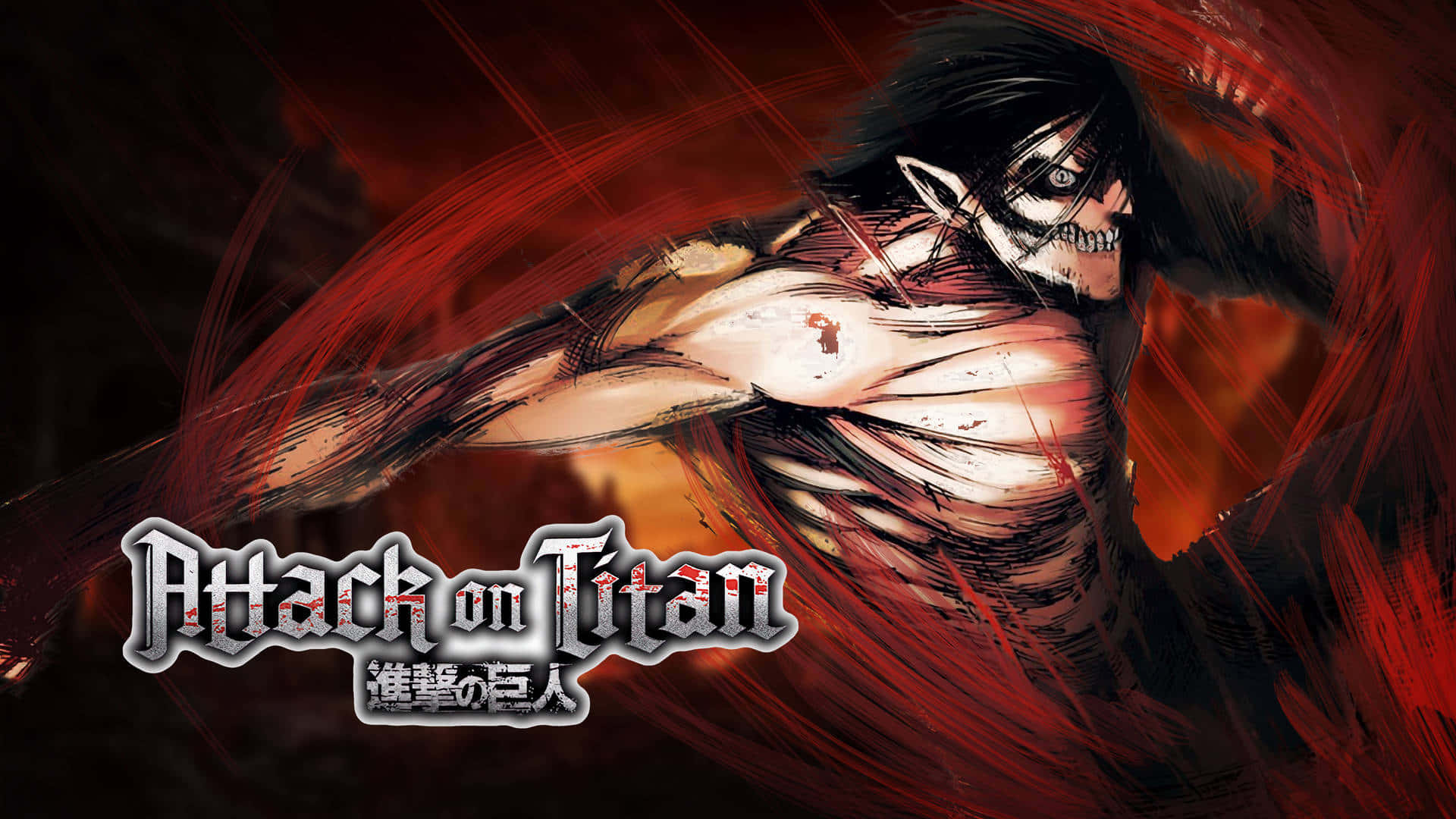 Attack On Titan The Final Season 桌布 壁紙 — 一個肌肉發達的動漫巨人，黑髮和發光的眼睛，在火紅的背景前向前猛衝。